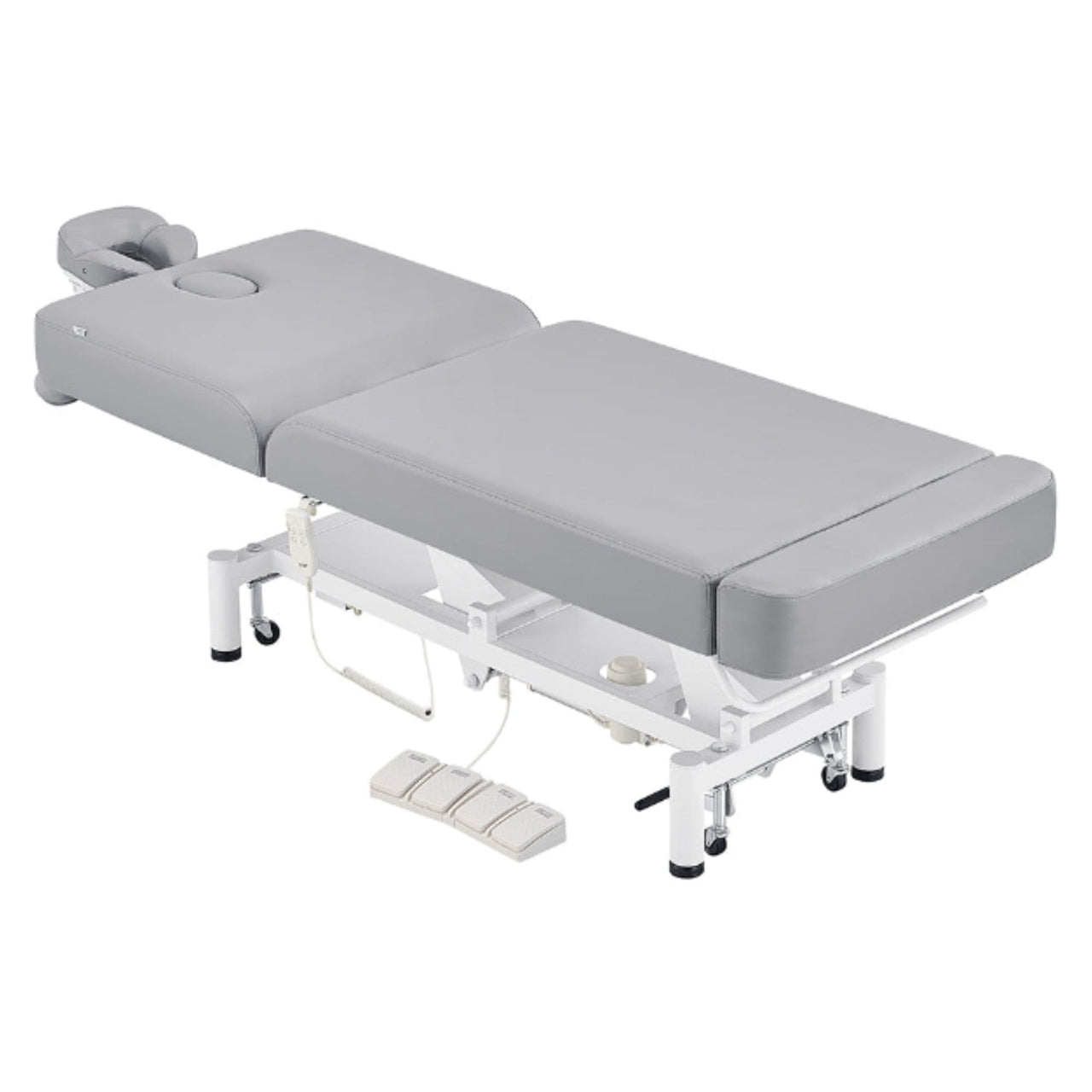 WellRelax 2-Motors Therapy Treatment Table with Tilting Cradle Pillow Gray Color Angled Top View Fully Reclined With Cradle And Foot Control On White Background