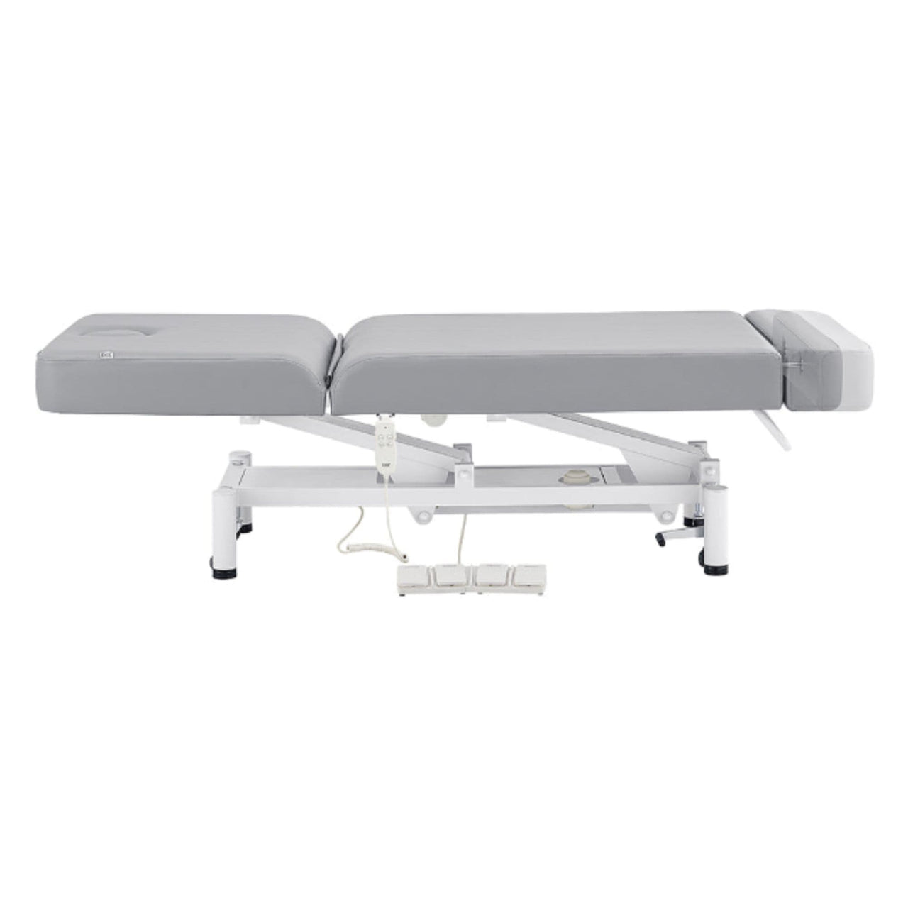 WellRelax 2-Motors Therapy Treatment Table with Tilting Cradle Pillow Gray Color Side View Fully Reclined With Foot Control On White Background
