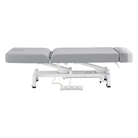 Thumbnail for WellRelax 2-Motors Therapy Treatment Table with Tilting Cradle Pillow Gray Color Side View Fully Reclined With Foot Control On White Background