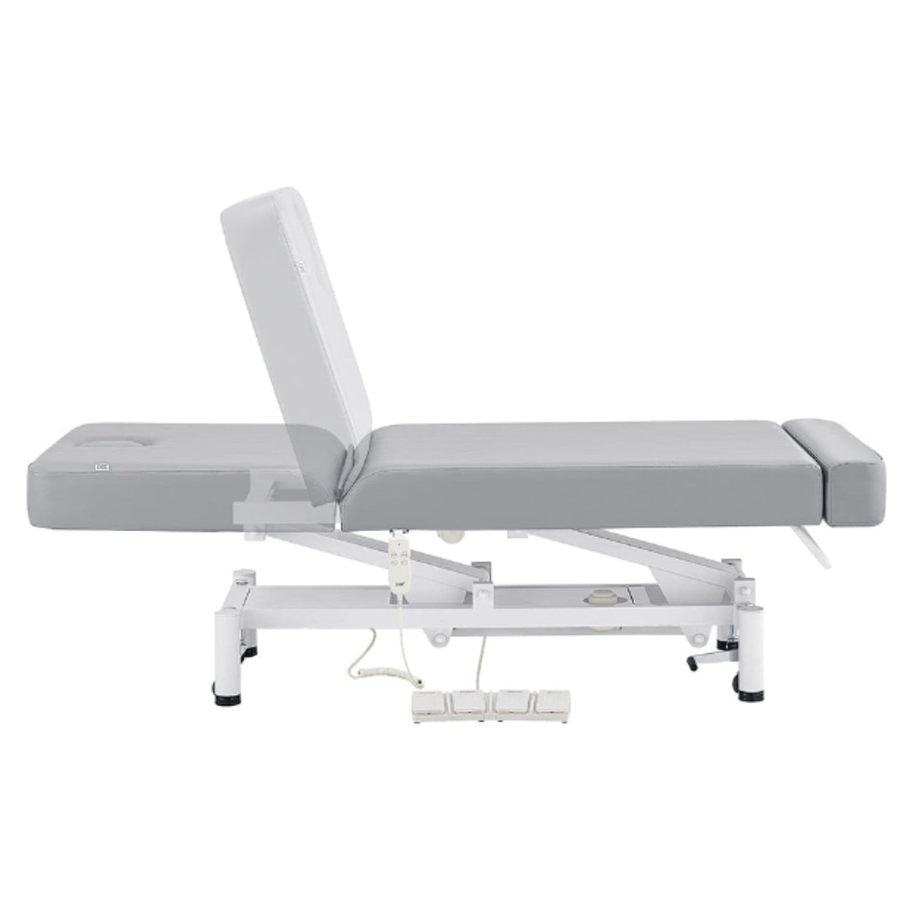 WellRelax 2-Motors Therapy Treatment Table with Tilting Cradle Pillow Gray Color Side View With Foot Control And Head Section Adjustment Demo On White Background