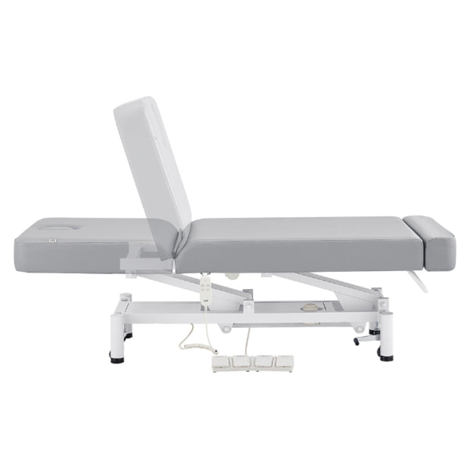 WellRelax 2-Motors Therapy Treatment Table with Tilting Cradle Pillow Gray Color Side View With Foot Control And Head Section Adjustment Demo On White Background