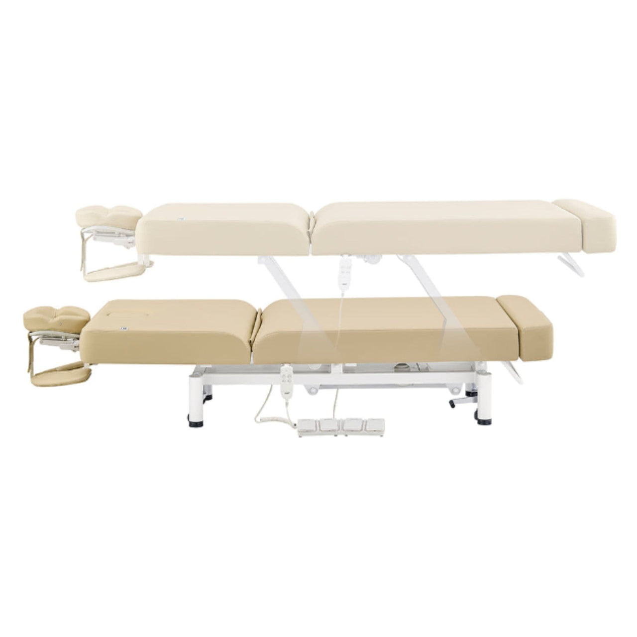WellRelax 2-Motors Therapy Treatment Table with Tilting Cradle Pillow Side View And Fully Reclined Of Beige Color Showing An Up And Down Adjustment With Foot Control On White Background