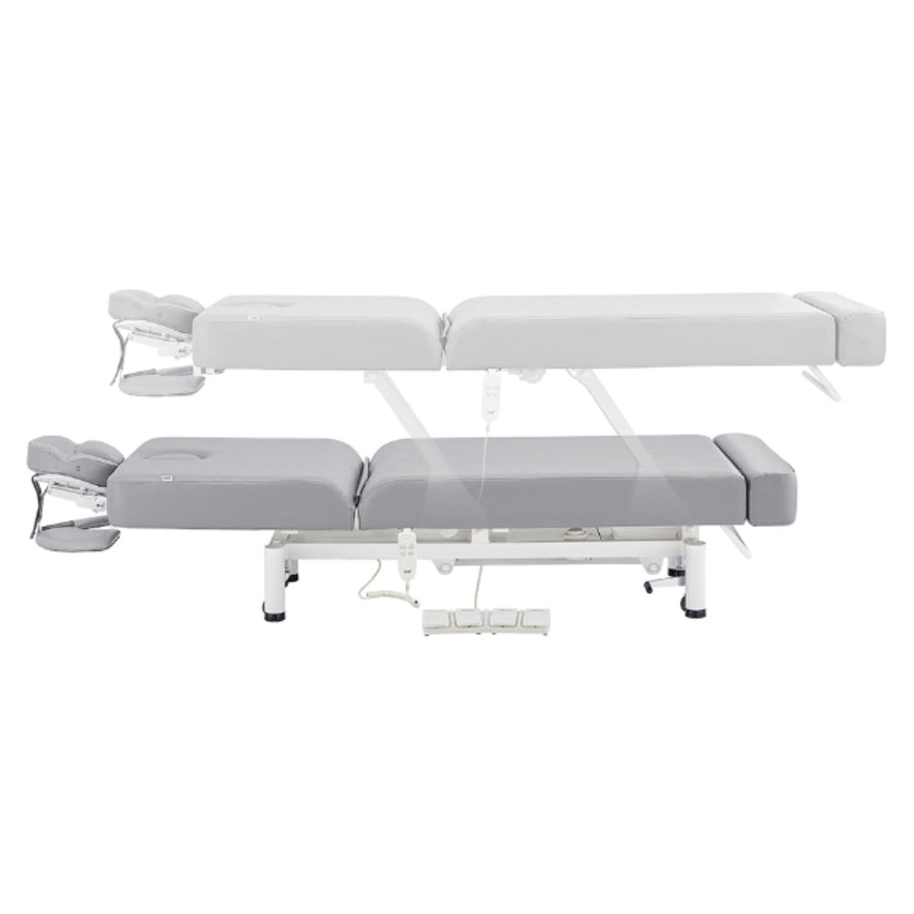 WellRelax 2-Motors Therapy Treatment Table with Tilting Cradle Pillow Side View And Fully Reclined Of Gray Color Showing An Up And Down Adjustment With Foot Control On White Background