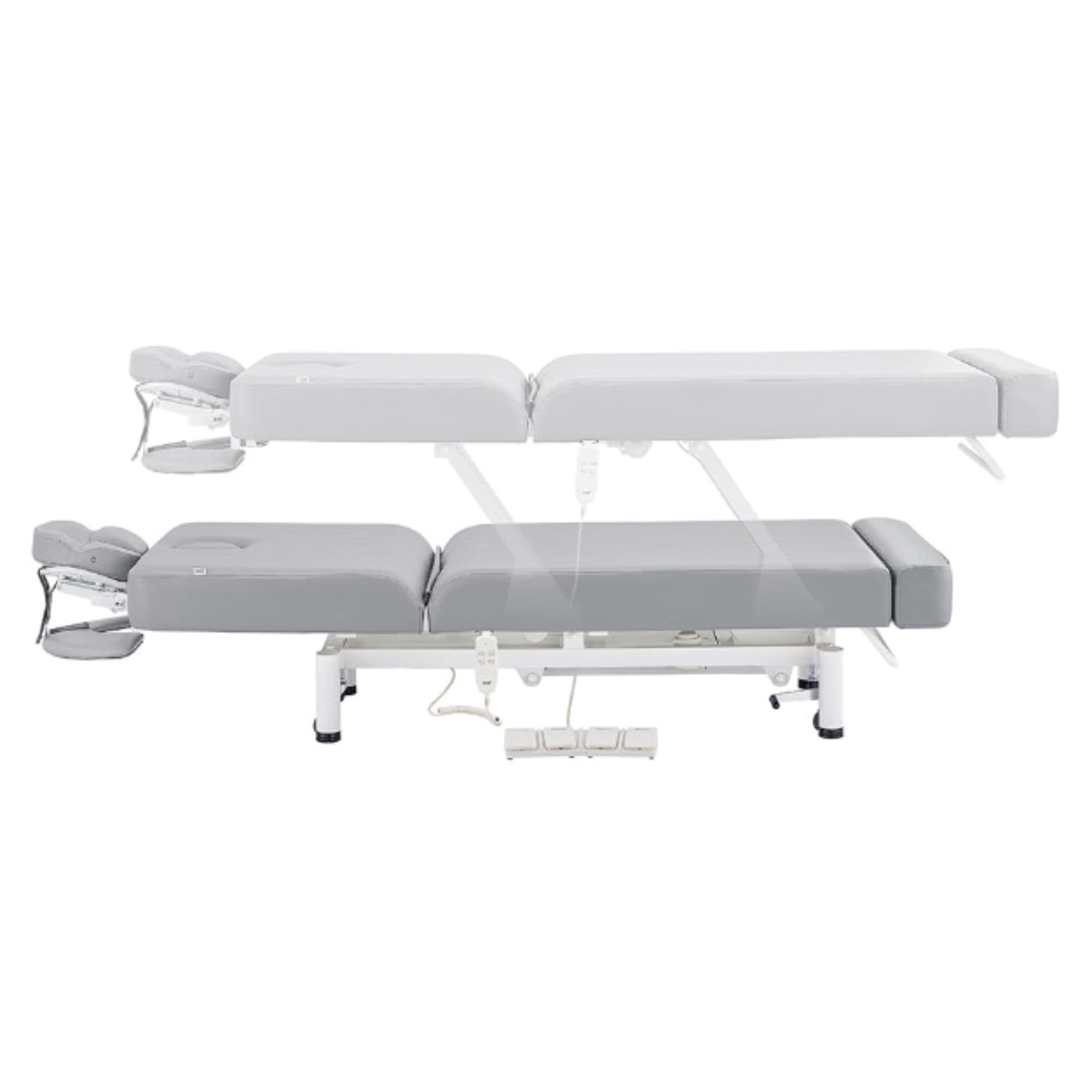 WellRelax 2-Motors Therapy Treatment Table with Tilting Cradle Pillow Side View And Fully Reclined Of Gray Color Showing An Up And Down Adjustment With Foot Control On White Background