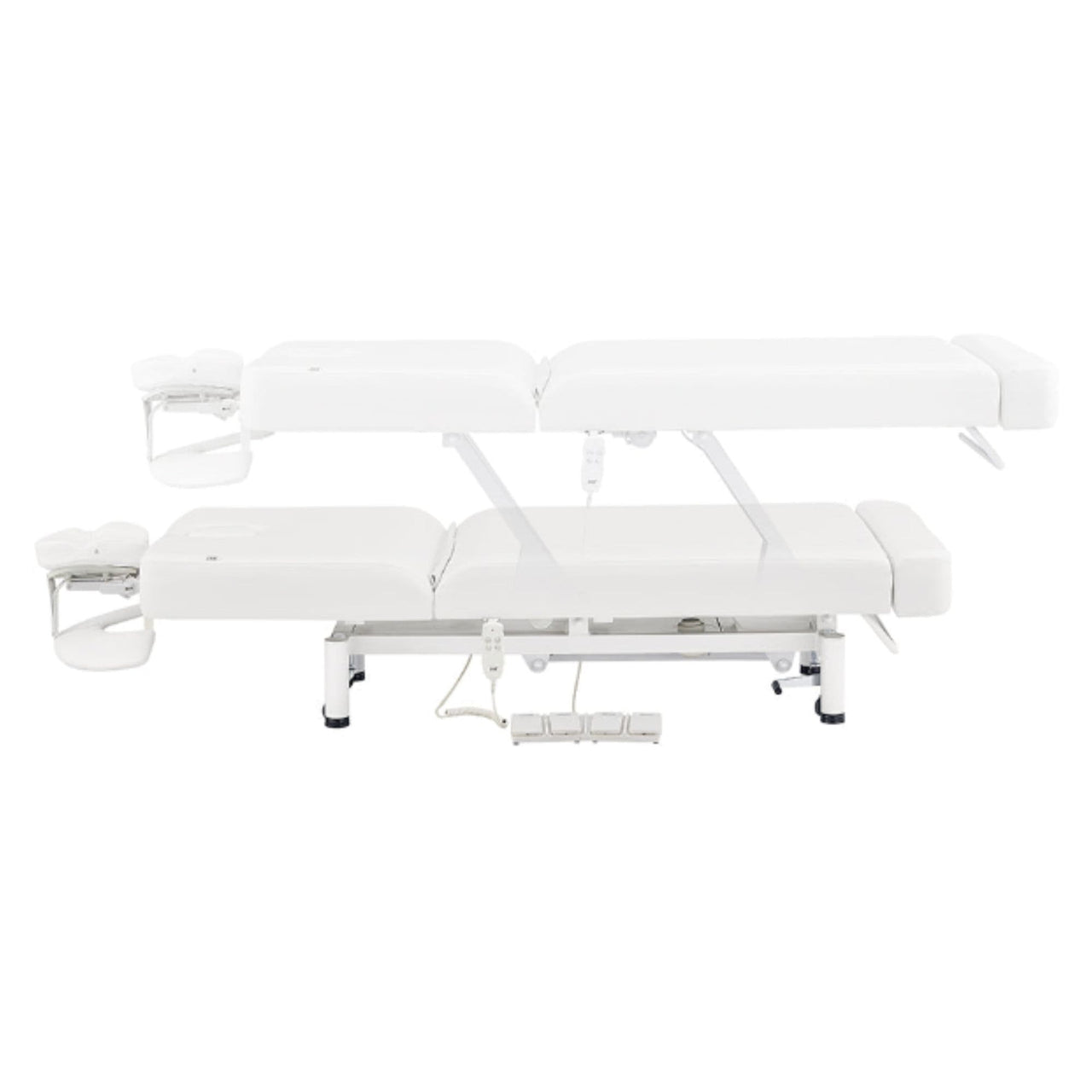 WellRelax 2-Motors Therapy Treatment Table with Tilting Cradle Pillow Side View And Fully Reclined Of White Color Showing An Up And Down Adjustment With Foot Control On White Background