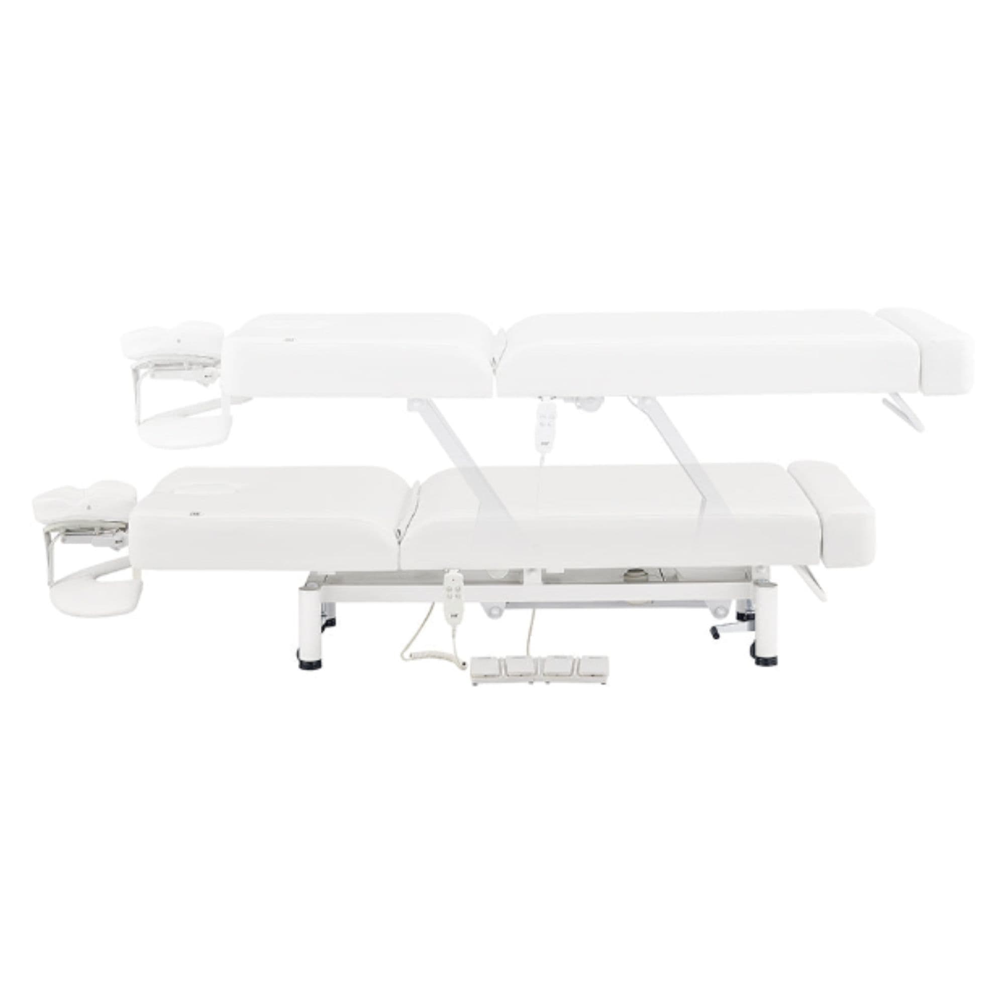 WellRelax 2-Motors Therapy Treatment Table with Tilting Cradle Pillow Side View And Fully Reclined Of White Color Showing An Up And Down Adjustment With Foot Control On White Background