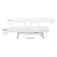 Thumbnail for WellRelax 2-Motors Therapy Treatment Table with Tilting Cradle Pillow Side View And Fully Reclined Of White Color Showing An Up And Down Adjustment With Foot Control On White Background