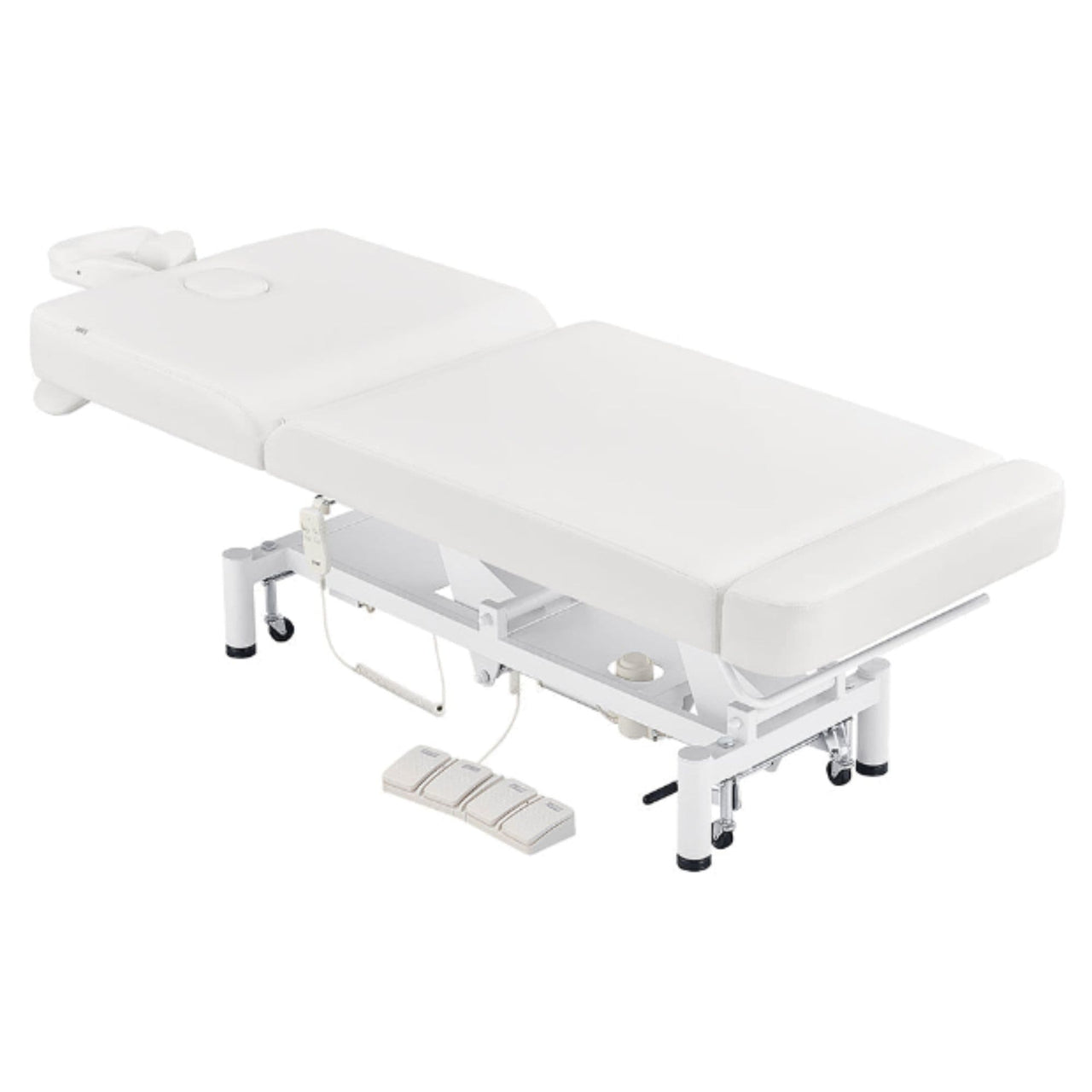 WellRelax 2-Motors Therapy Treatment Table with Tilting Cradle Pillow White Color Angled Top View Fully Reclined With Cradle And Foot Control On White Background
