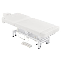 Thumbnail for WellRelax 2-Motors Therapy Treatment Table with Tilting Cradle Pillow White Color Angled Top View Fully Reclined With Cradle And Foot Control On White Background