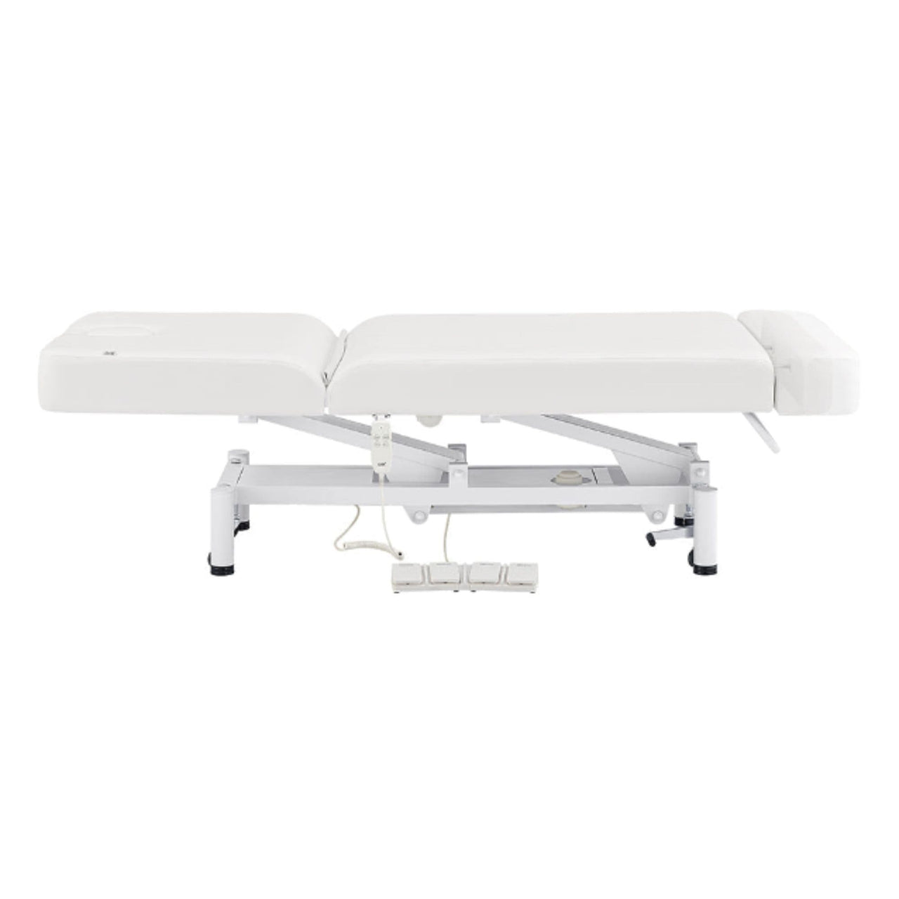 WellRelax 2-Motors Therapy Treatment Table with Tilting Cradle Pillow White Color Side View Fully Reclined With Foot Control On White Background