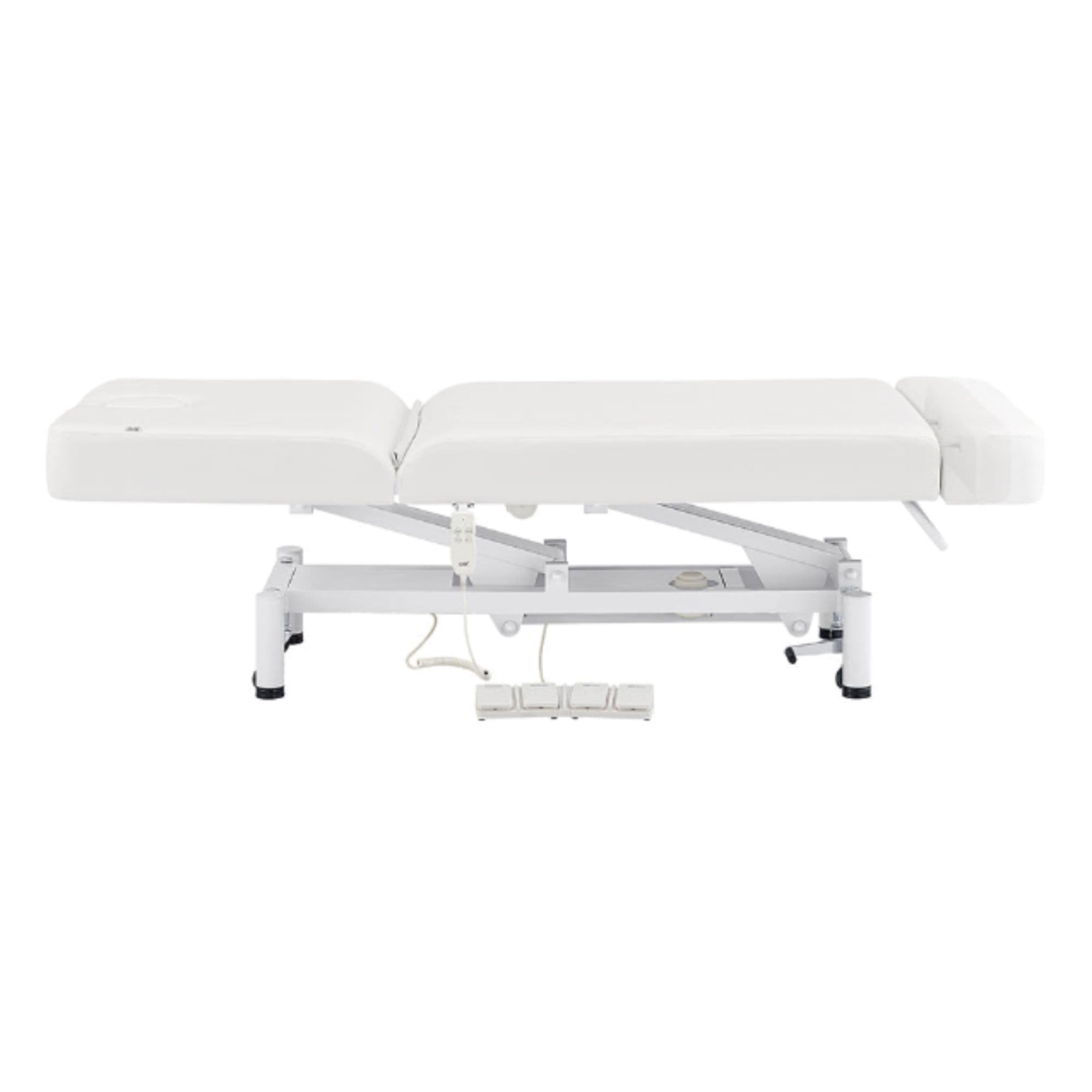 WellRelax 2-Motors Therapy Treatment Table with Tilting Cradle Pillow White Color Side View Fully Reclined With Foot Control On White Background