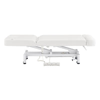 Thumbnail for WellRelax 2-Motors Therapy Treatment Table with Tilting Cradle Pillow White Color Side View Fully Reclined With Foot Control On White Background