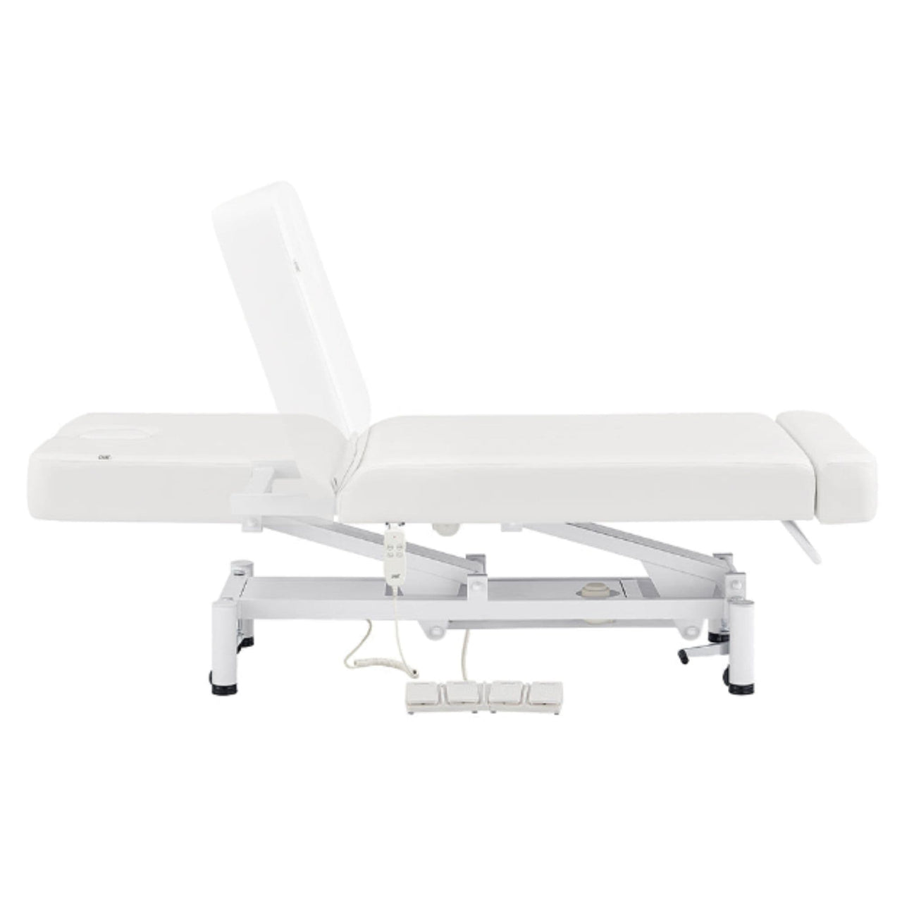 WellRelax 2-Motors Therapy Treatment Table with Tilting Cradle Pillow White Color Side View With Foot Control And Head Section Adjustment Demo On White Background