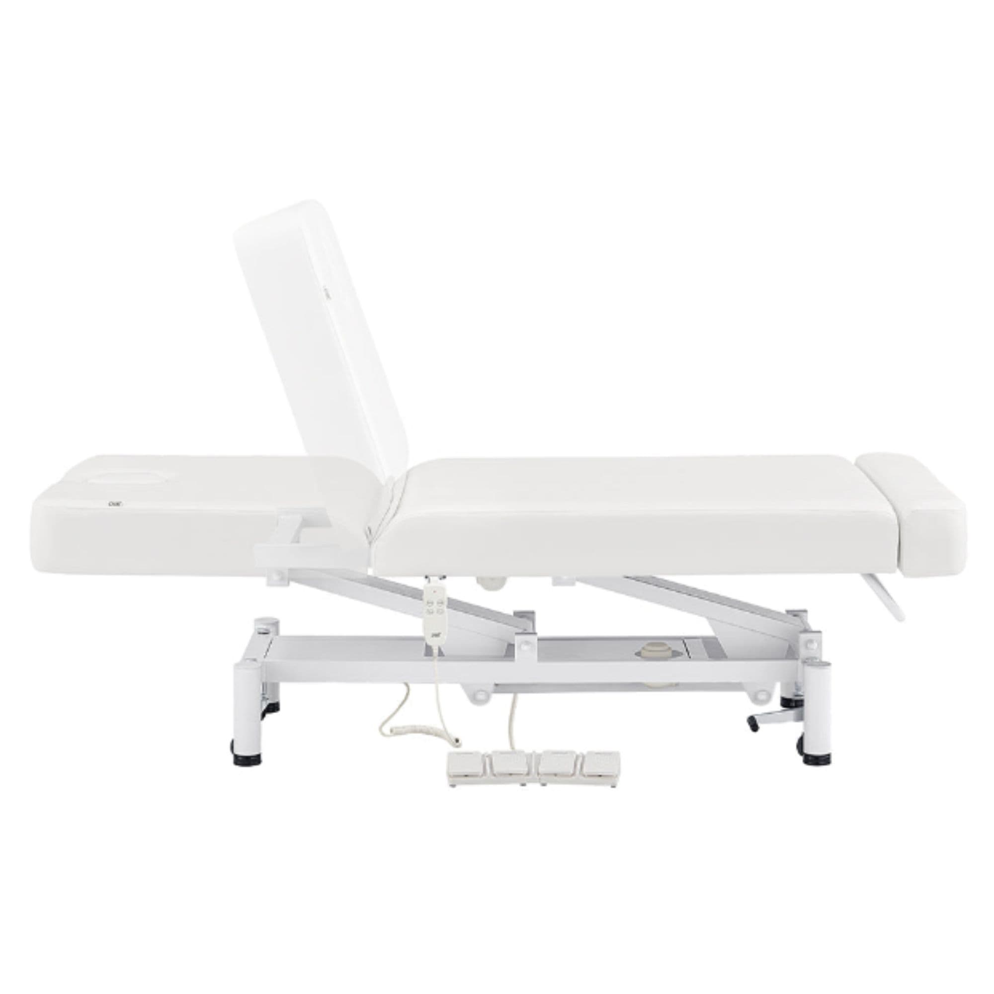 WellRelax 2-Motors Therapy Treatment Table with Tilting Cradle Pillow White Color Side View With Foot Control And Head Section Adjustment Demo On White Background