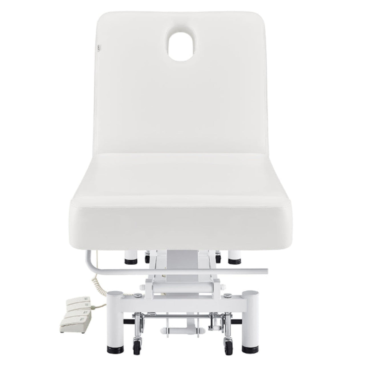 WellRelax 2-Motors Therapy Treatment Table with Tilting Cradle Pillow White Front View With Foot Control And Face Hole On White Background