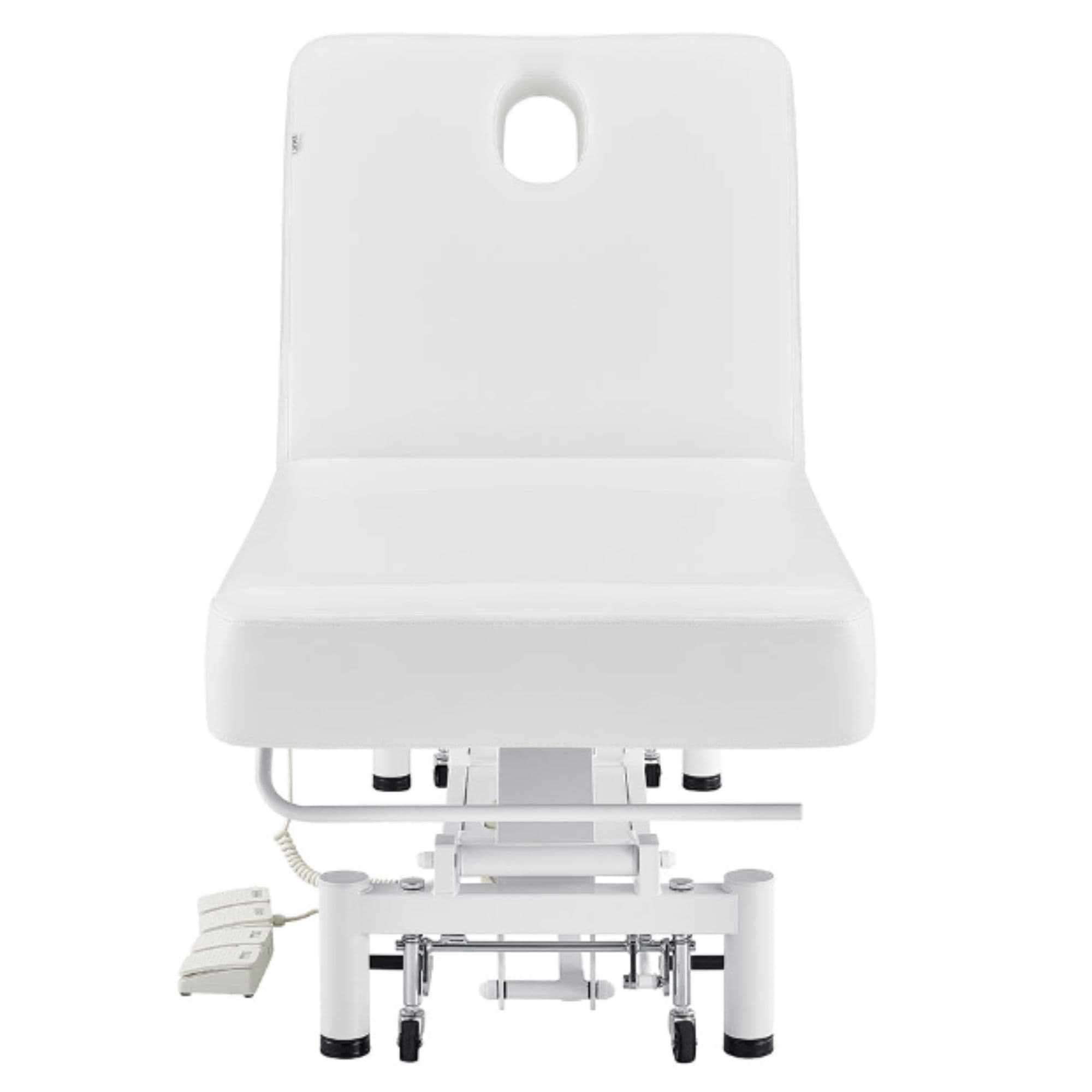 WellRelax 2-Motors Therapy Treatment Table with Tilting Cradle Pillow White Front View With Foot Control And Face Hole On White Background