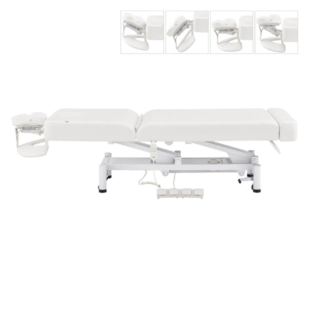 WellRelax 2-Motors Therapy Treatment Table with Tilting Cradle Pillow White Side View Of Fully Reclined With Adjustable Face Cradle On White Background