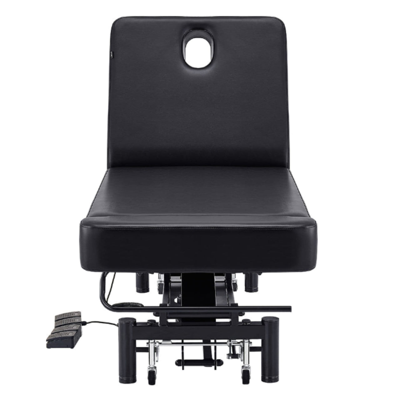 WellRelax Dual-Motor Therapy Table with Tilting Pillow Black Front View With Face Hole And Foot Control On White Background