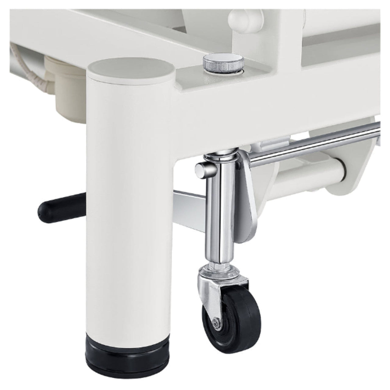 WellRelax Dual-Motor Therapy Table with Tilting Pillow Close-Up View Of White Caster Wheel And Base Frame On White Background