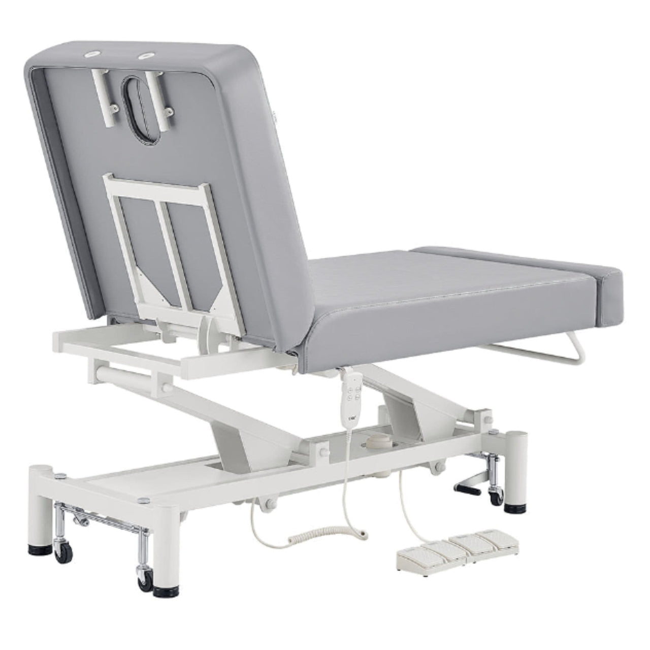 WellRelax Dual-Motor Therapy Table with Tilting Pillow Gray Rear Angled View With Foot Control On White Background