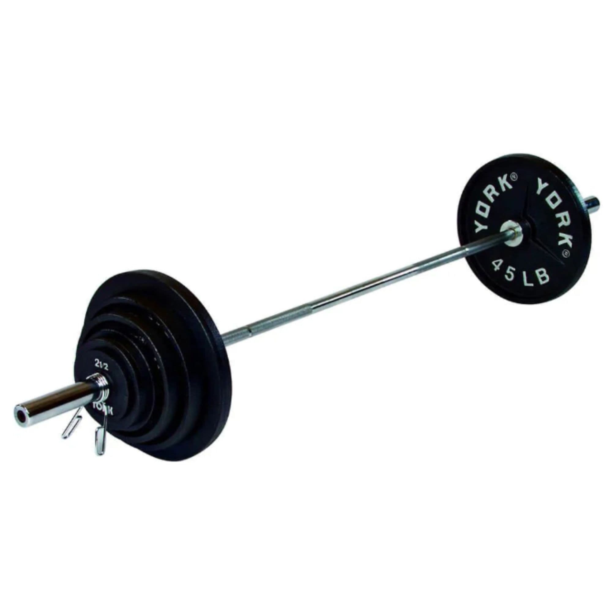York 300lb Deep Dish Cast Iron Plate Set With Bar Loaded On Barbell On White Background