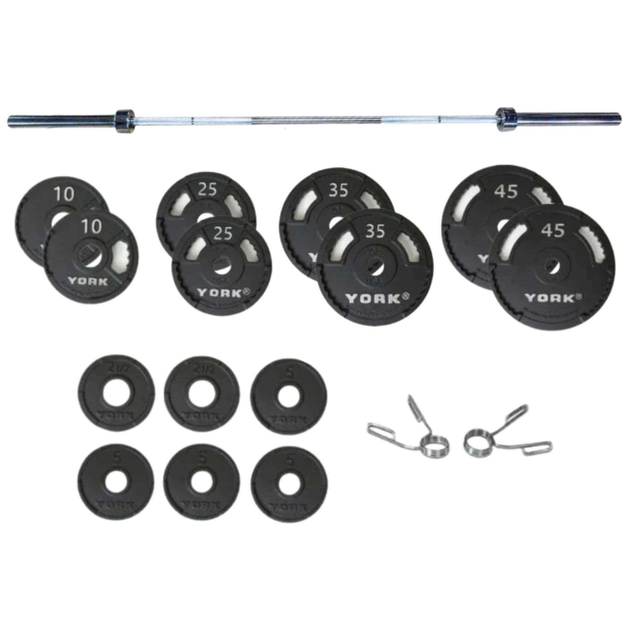 York 300lb G-2 Cast Iron Olympic Set Product Inclusion On White Background