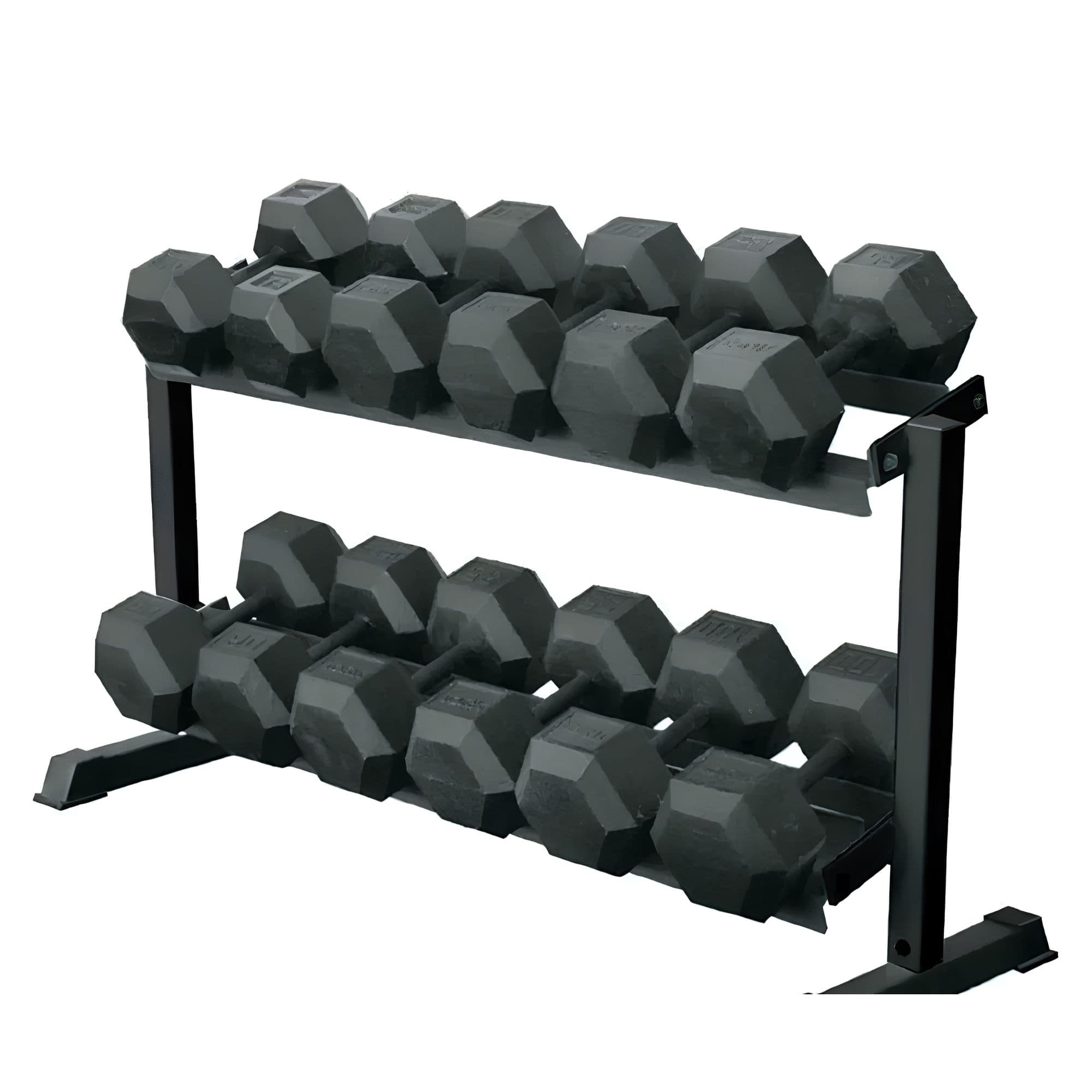 York 5-50lb Rubber Hex Dumbbell Set Two-Tier Full Rack View On White Background