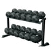 York 5-50lb Rubber Hex Dumbbell Set Two-Tier Full Rack View On White Background