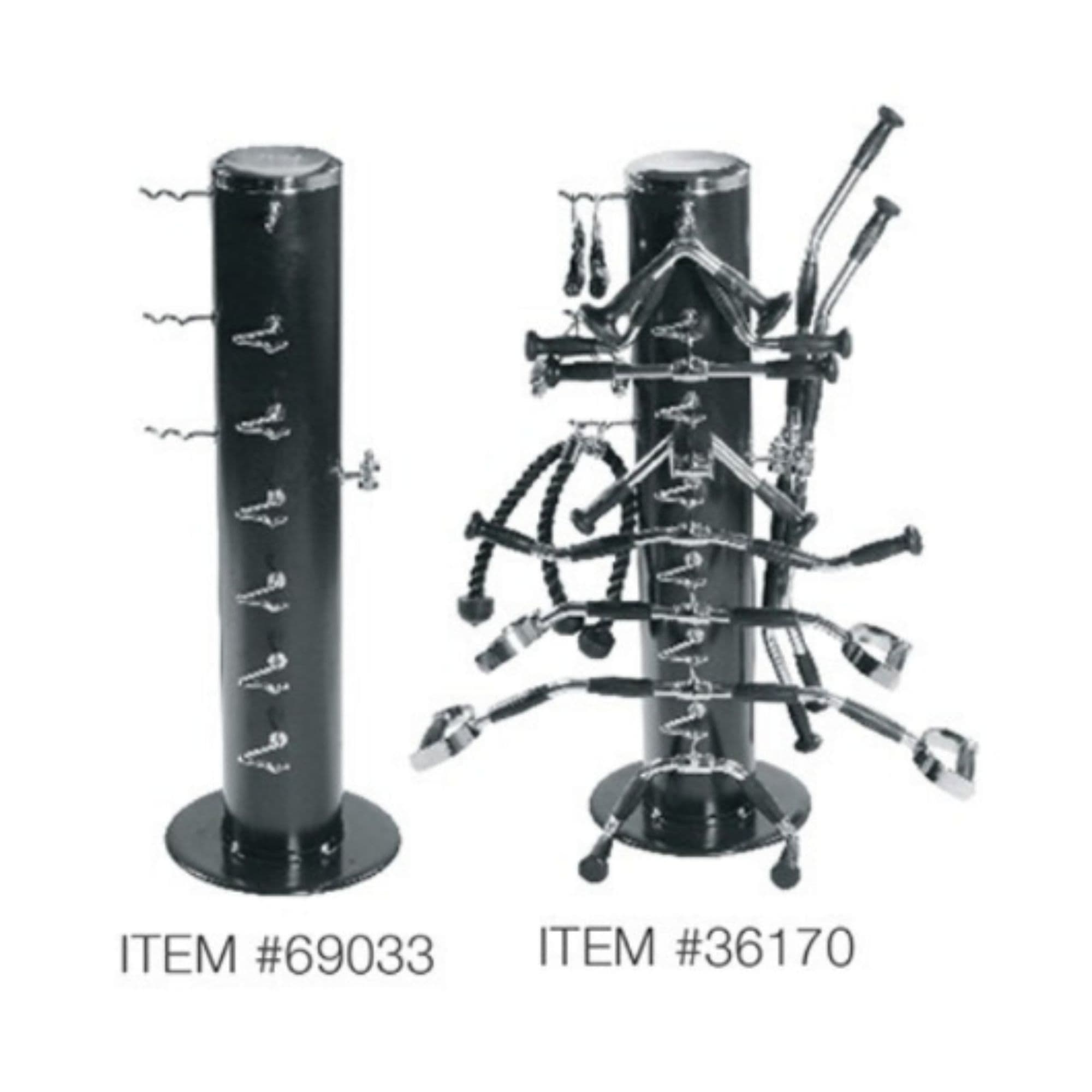 York Barbell 15 Cable Attachment Pack with Rack Cable Attachment Storage Rack With Full 15-Piece Set On White Background Labeled With Item Numbers