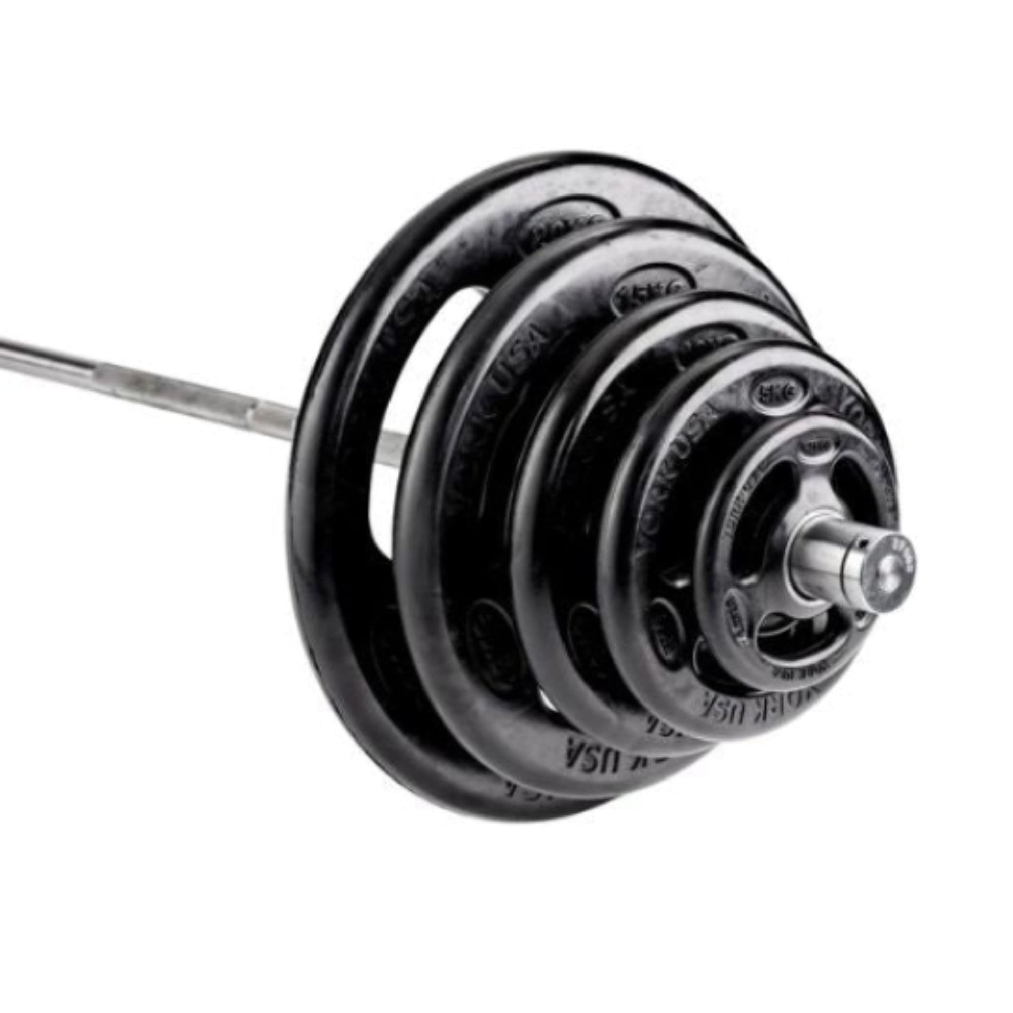 York Barbell 2Inches Iso-Grip Rubber Encased Steel Olympic Plate Sets Close-Up Of Multiple Plate Sizes Loaded On A Barbell