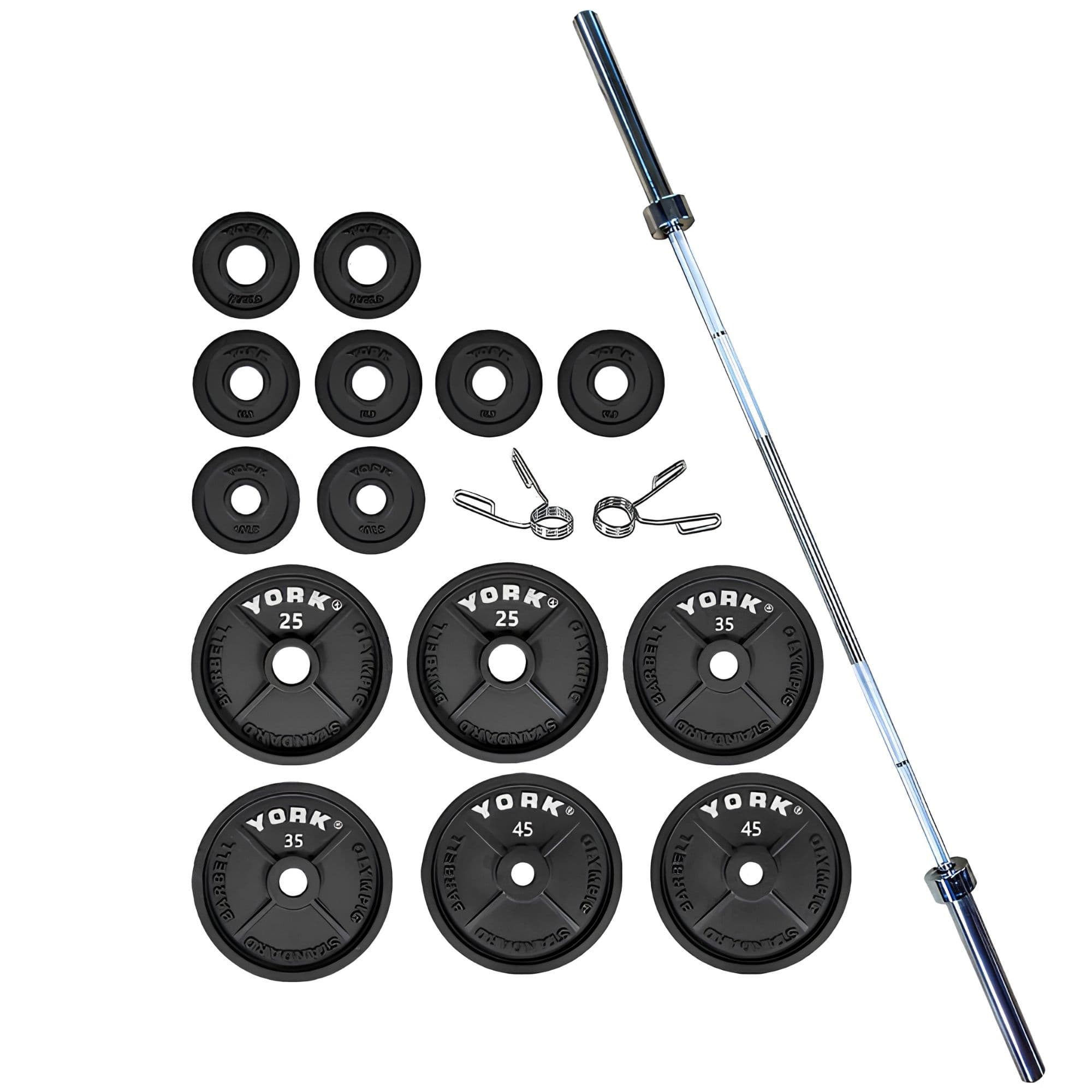 York Barbell 300LB Cast Iron Olympic Plate and Barbell Set Complete Full View On White Background