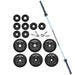 York Barbell 300LB Cast Iron Olympic Plate and Barbell Set Complete Full View On White Background