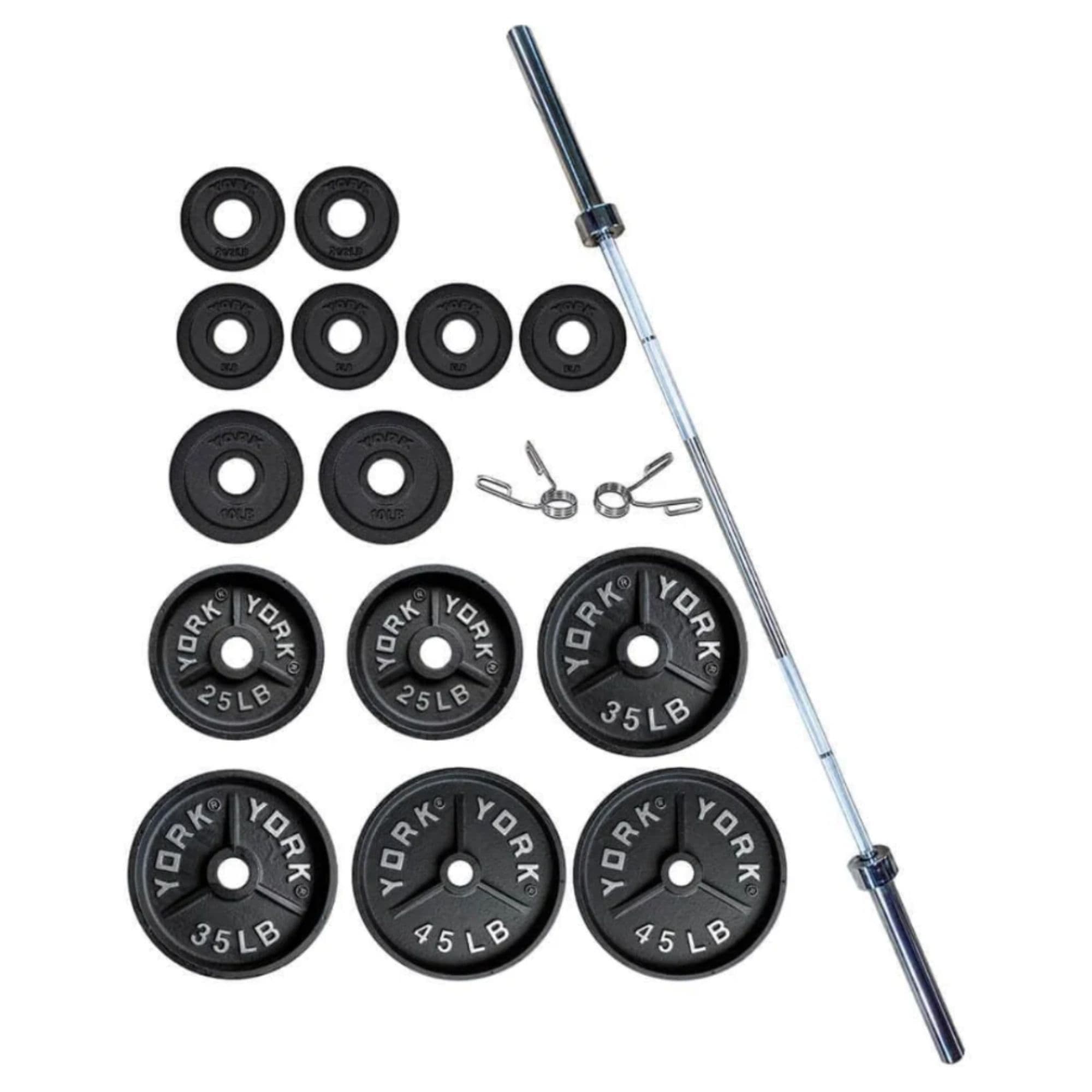 York Barbell 300lb Deep Dish Cast Iron Olympic Set Complete Product Inclusion On White Background