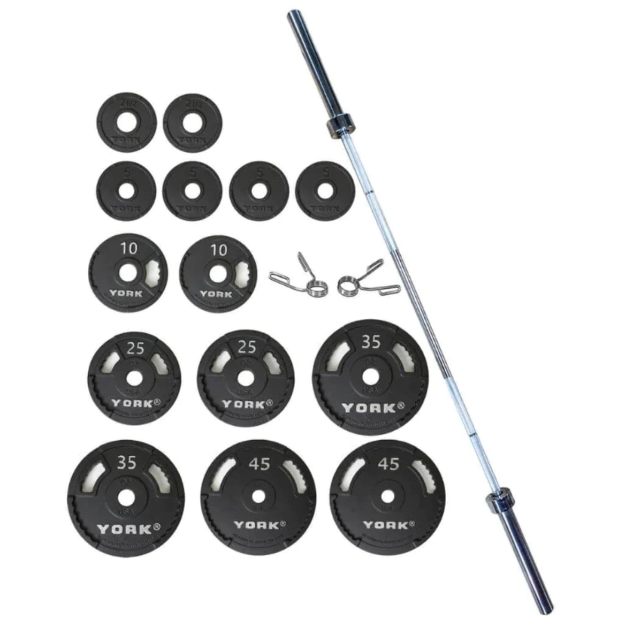 York Barbell 300lb G-2 Cast Iron Olympic Plate And Barbell Set Complete Product Inclusion On White Background