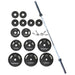 York Barbell 300lb G-2 Cast Iron Olympic Plate And Barbell Set Complete Product Inclusion On White Background