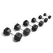York Barbell 5-50lb Hex Rubber Dumbbell Set With Rack Arranged By Size On White Background