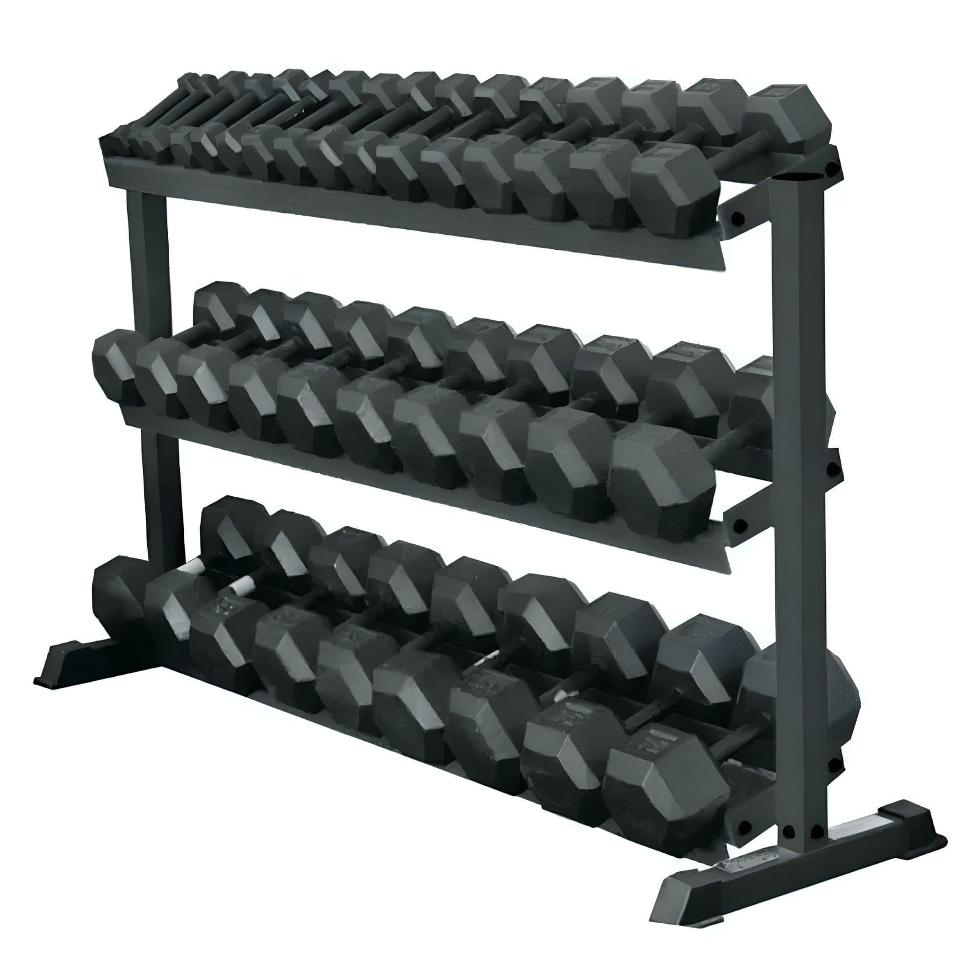 York Barbell 5-75lb Rubber Hex Dumbbell Set With Rack Full Rack View On White Background