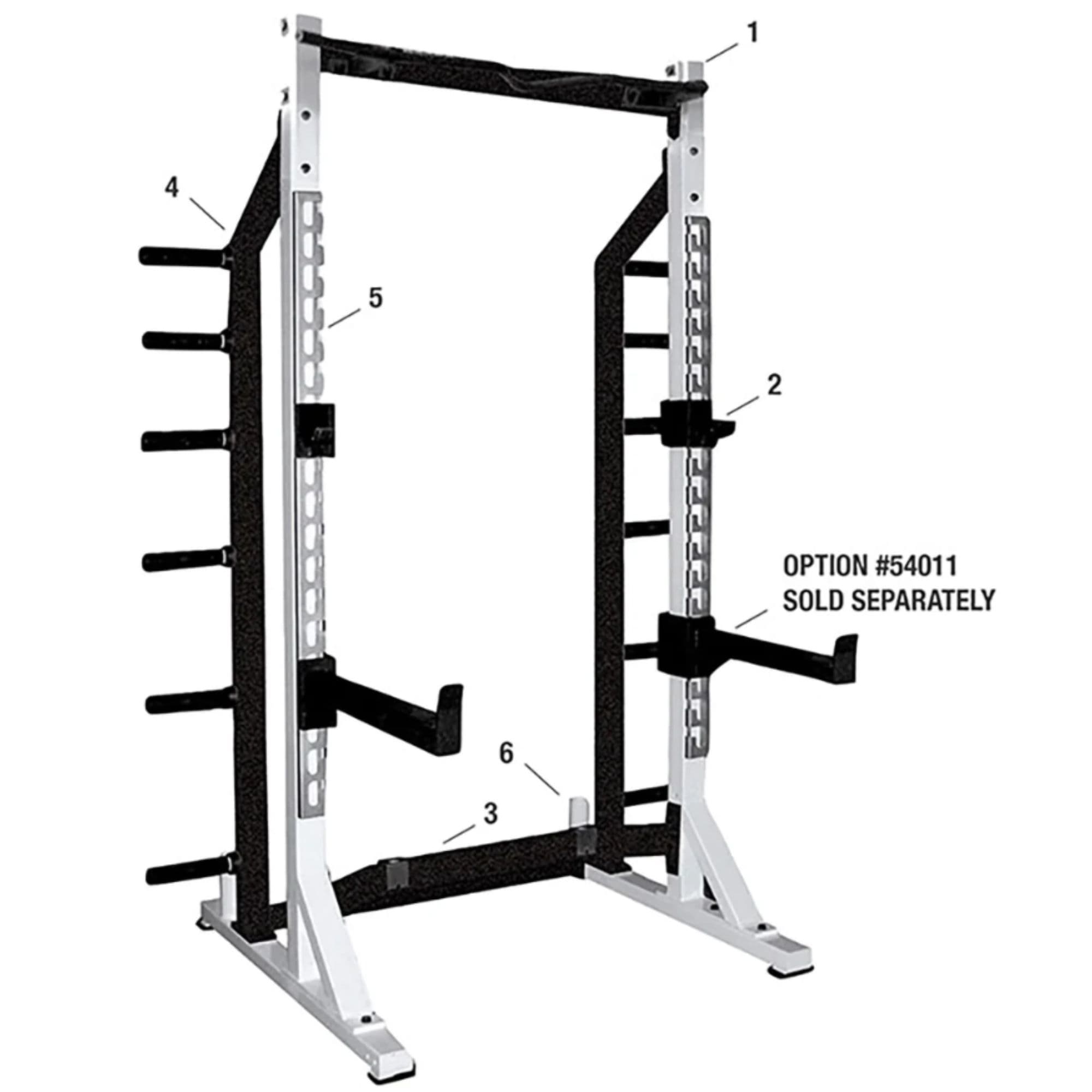 York Barbell 53009 STS Self-Standing Half Rack Front Angle View With Parts Numbering On White Background