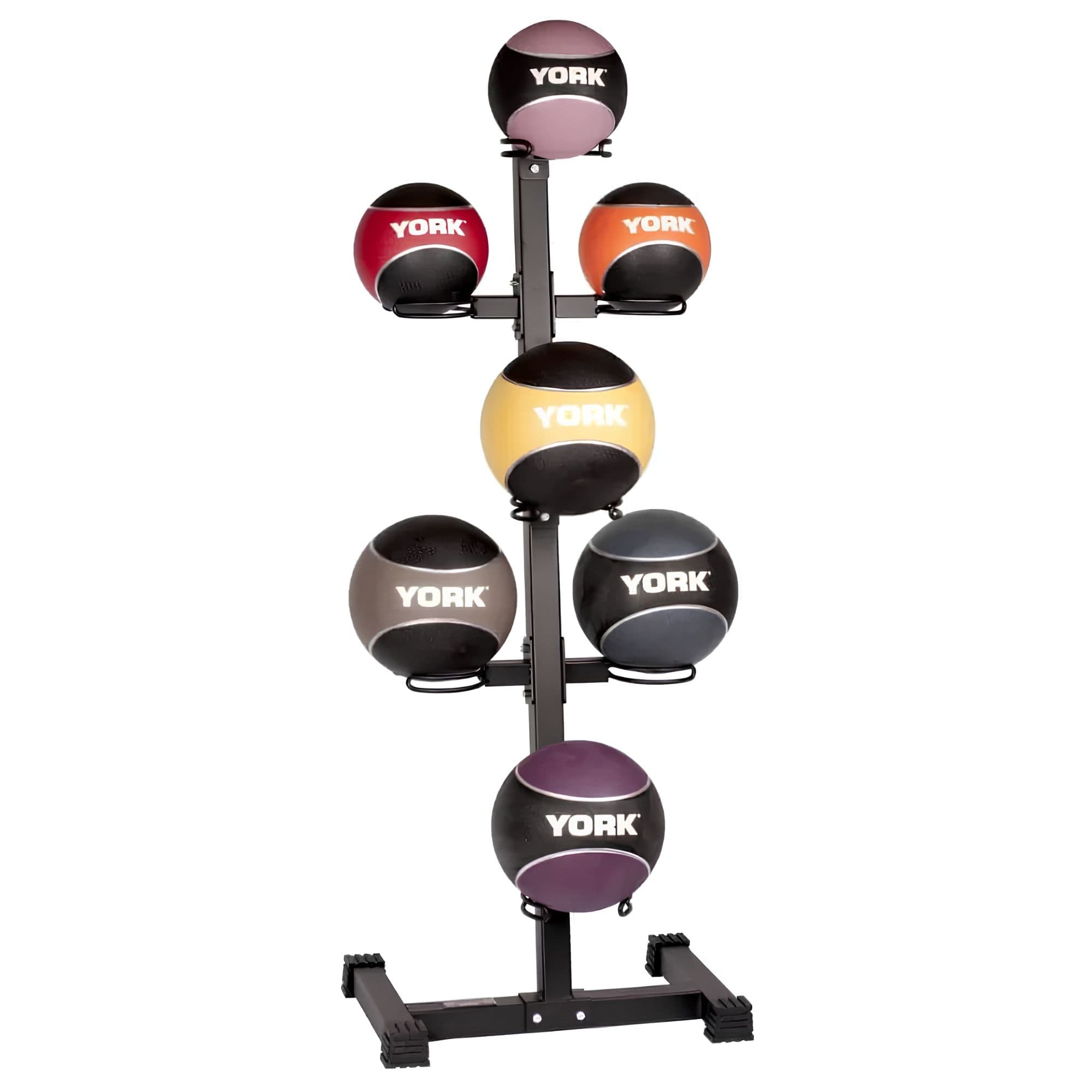 York Barbell 7-BALL Vertical Medicine Ball Storage Rack Full Product View With Multi-Weight Medicine Ball Set On White Background