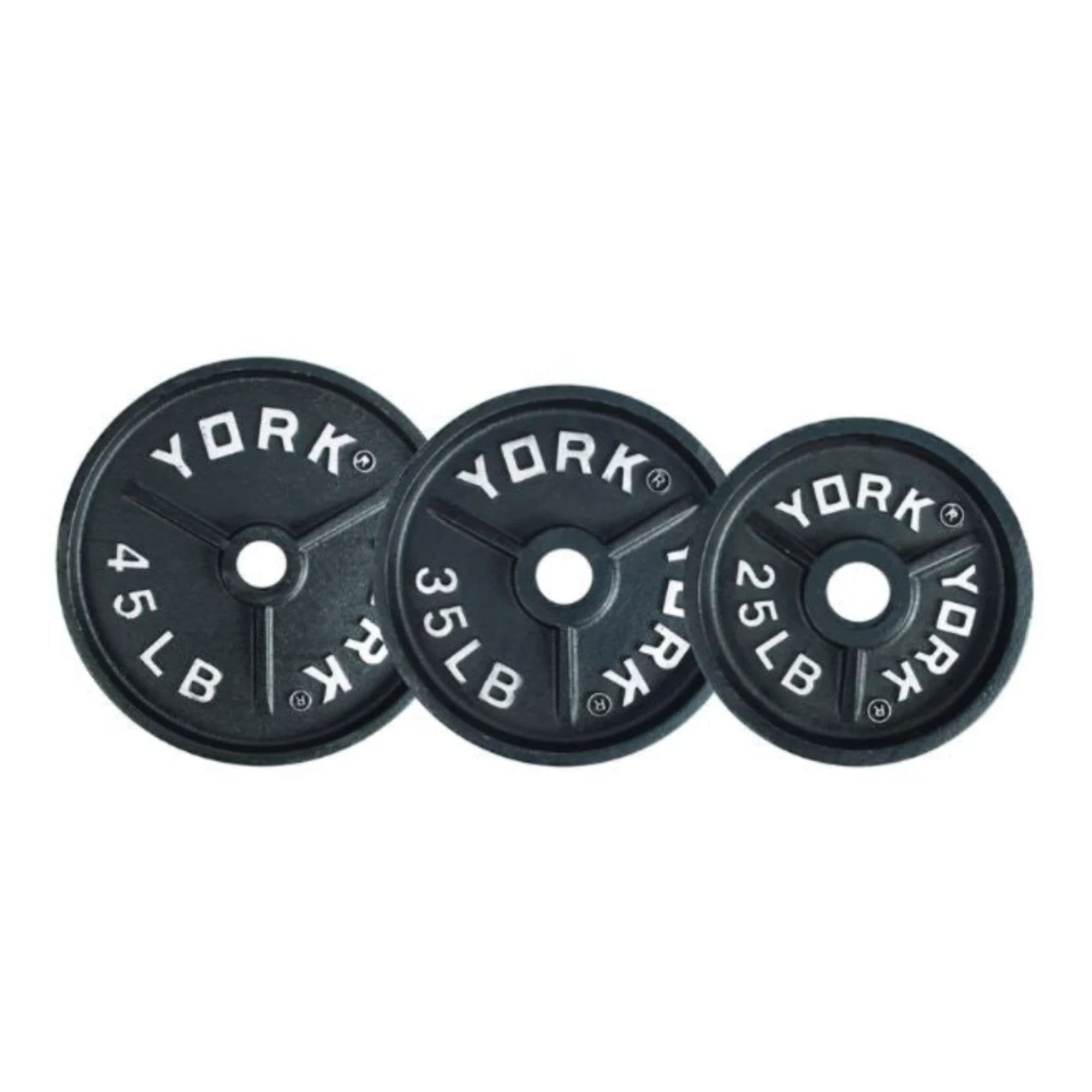 York Barbell Cable Attachment Set With Rack Full View Of Three Weight Options On White Background