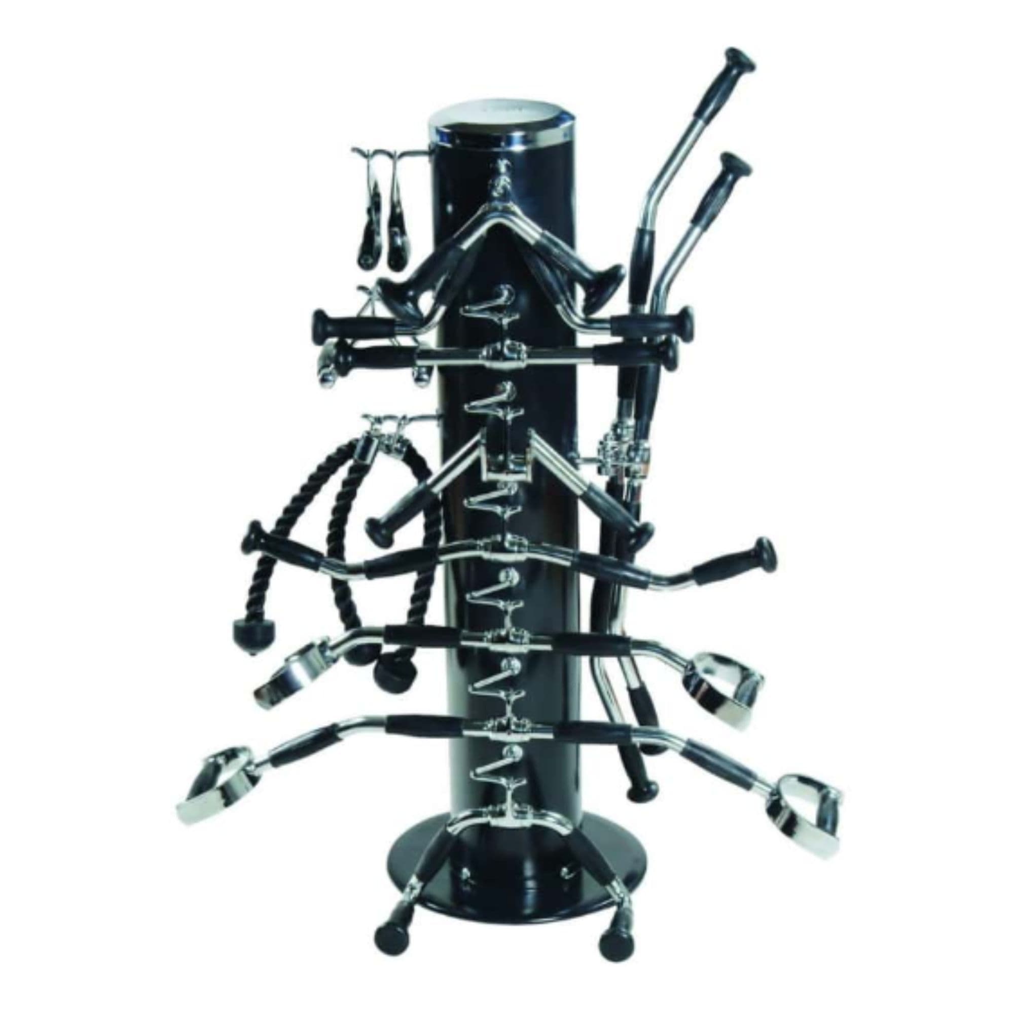 York Barbell Cable Attachment Set With Rack Showing The Complete 15-Piece Space-Saving Storage On White Background