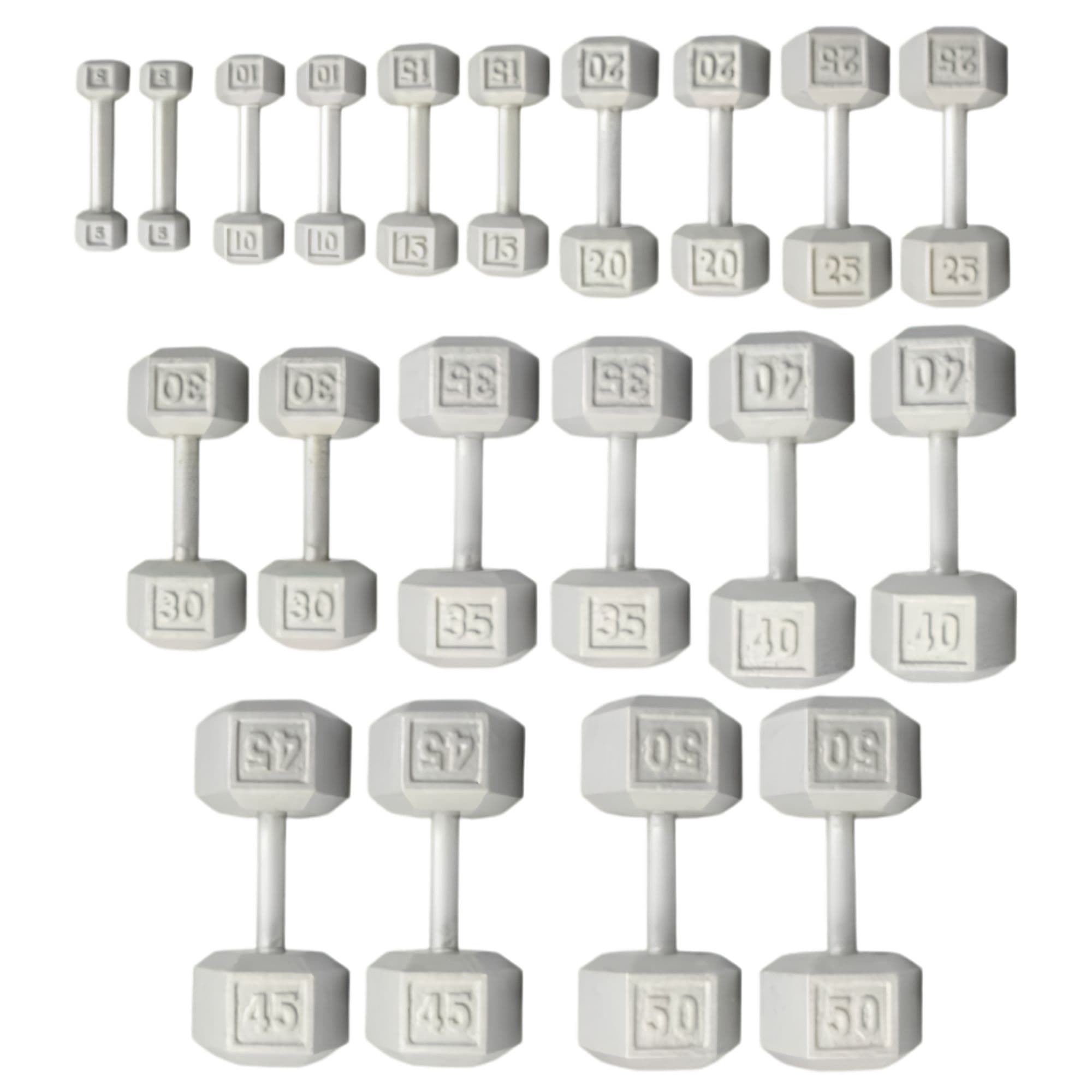 York Barbell Cast Iron Hex Dumbbell Set Full Range View In Multiple Weights On White Background