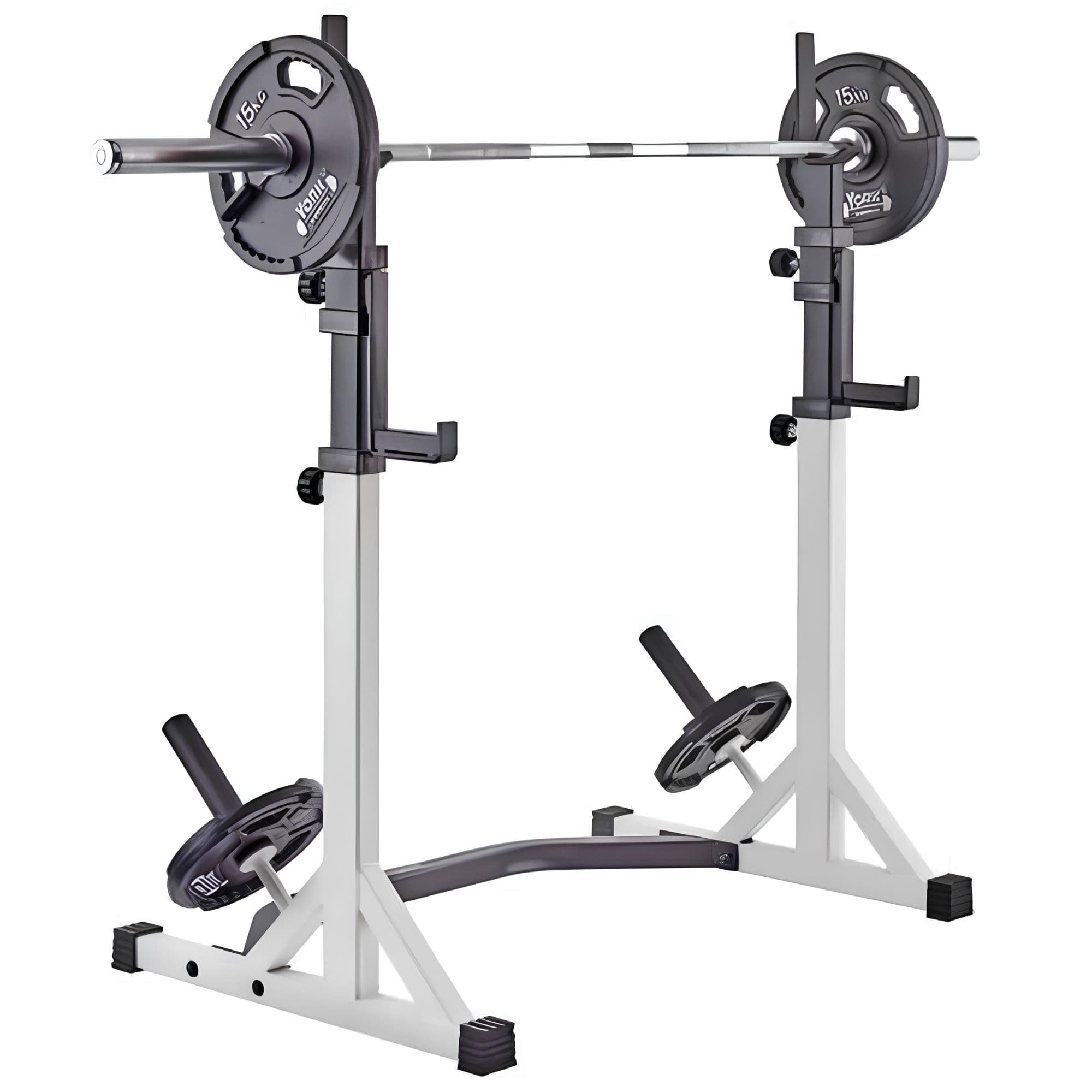 York Barbell FTS Press Squat Stands Front Angle View With Weights On White Background