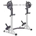 York Barbell FTS Press Squat Stands Front Angle View With Weights On White Background