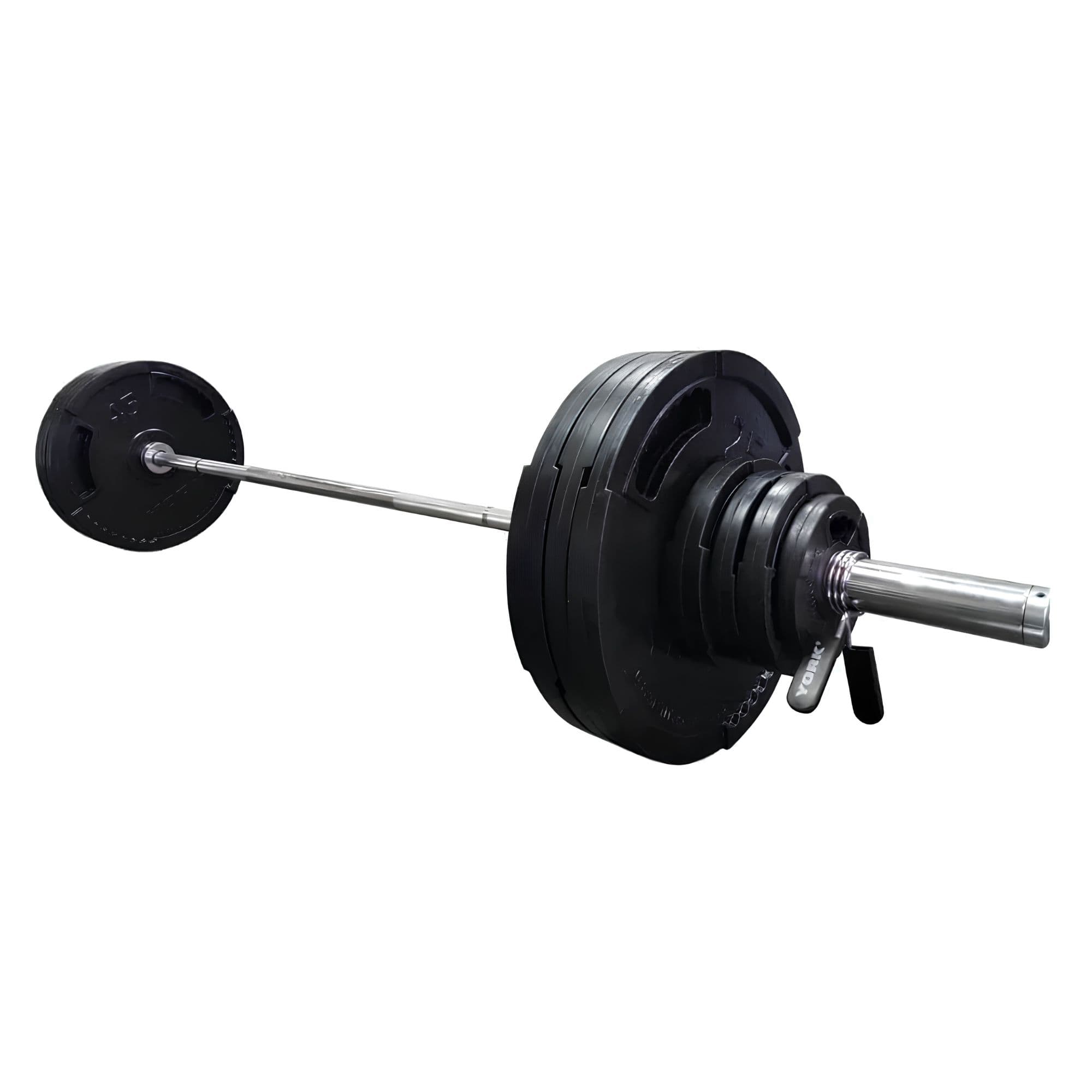 York Barbell G-2 Rubber Encased Olympic Plate And Barbell Set Close-Up View On White Background