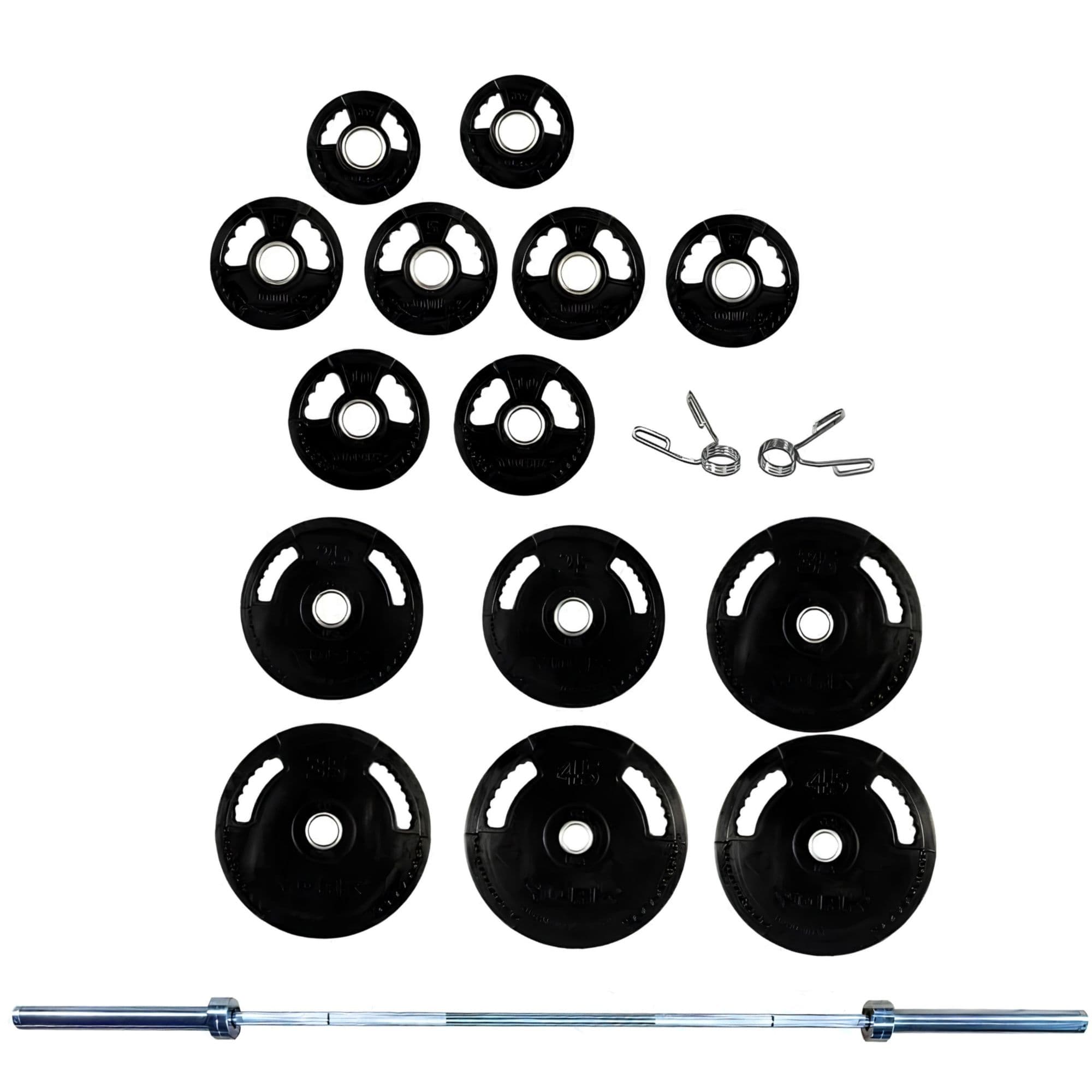 York Barbell G-2 Rubber Encased Olympic Plate And Barbell Set Product Top View On White Background