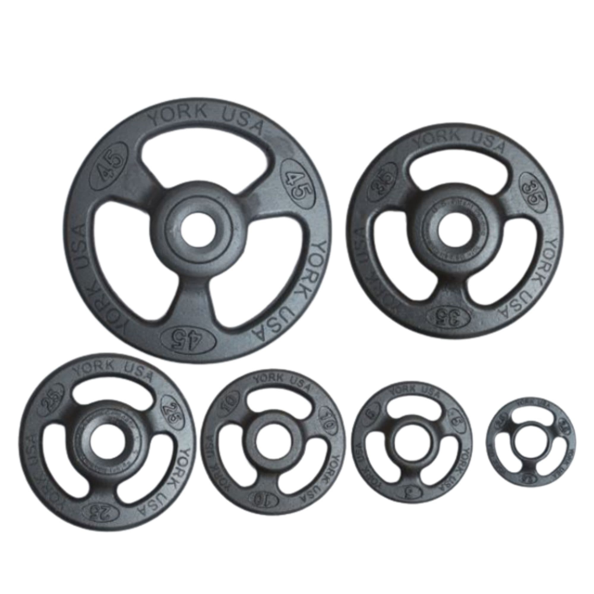 York Barbell Iso-Grip Steel Olympic Plate Sets In Multiple Sizes On White Background