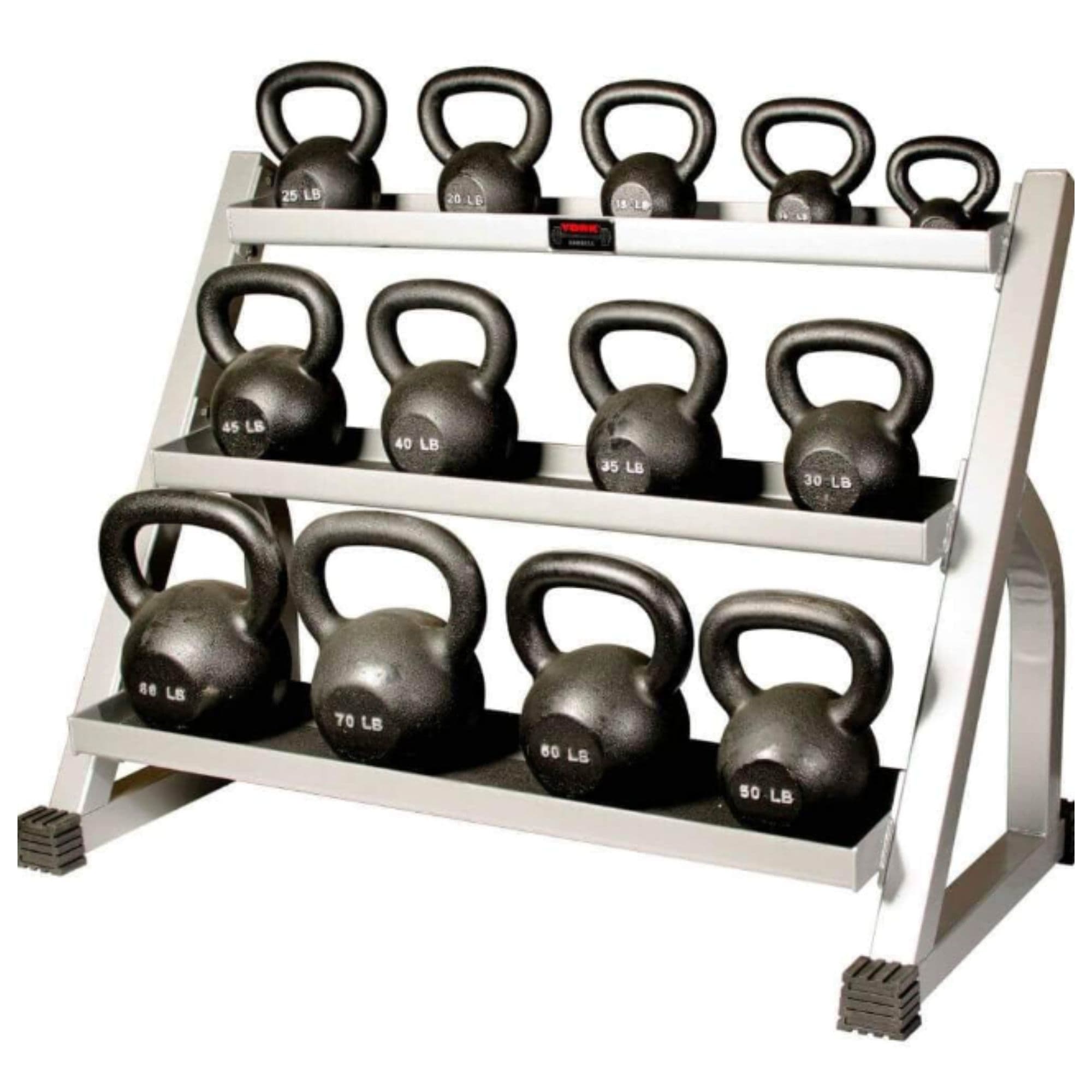 York Barbell Kettlebell Stand Front Angle View With Weights On White Background