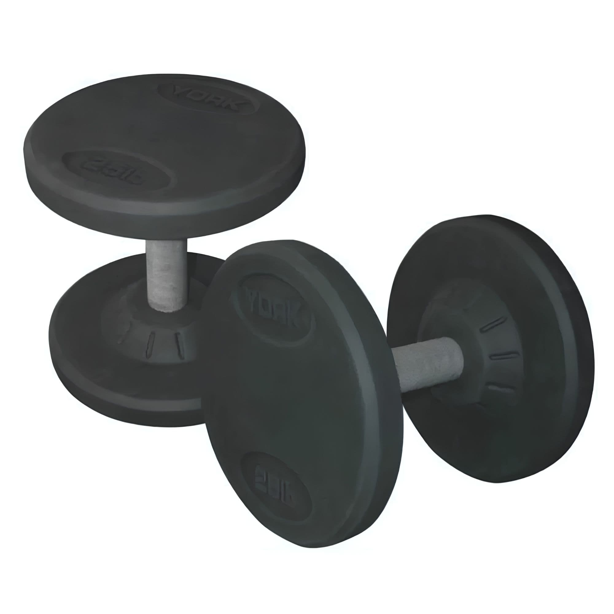York Barbell Pro Style Dumbbell Sets Detailed View Of Two 25LB With Logo On White Background