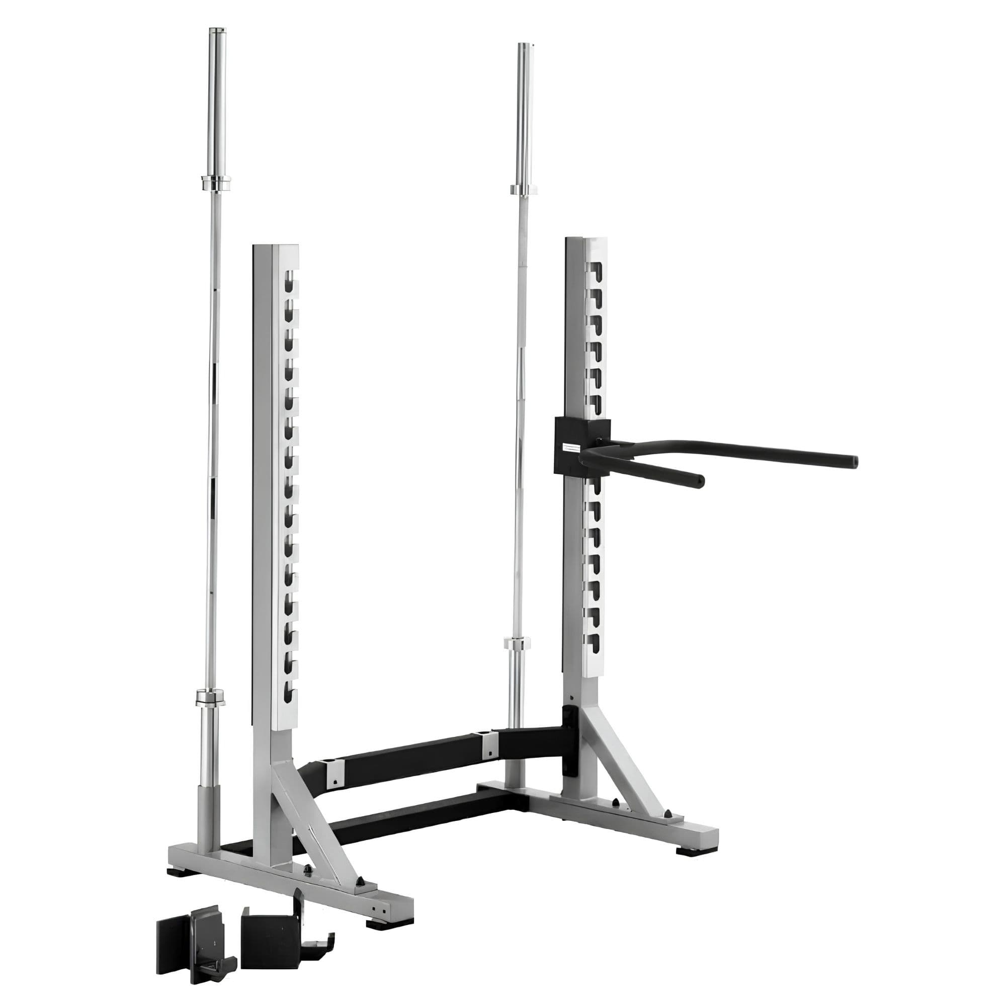 York Barbell STS Collegiate Squat Rack Side Angle View With Attachment Setup On White Background